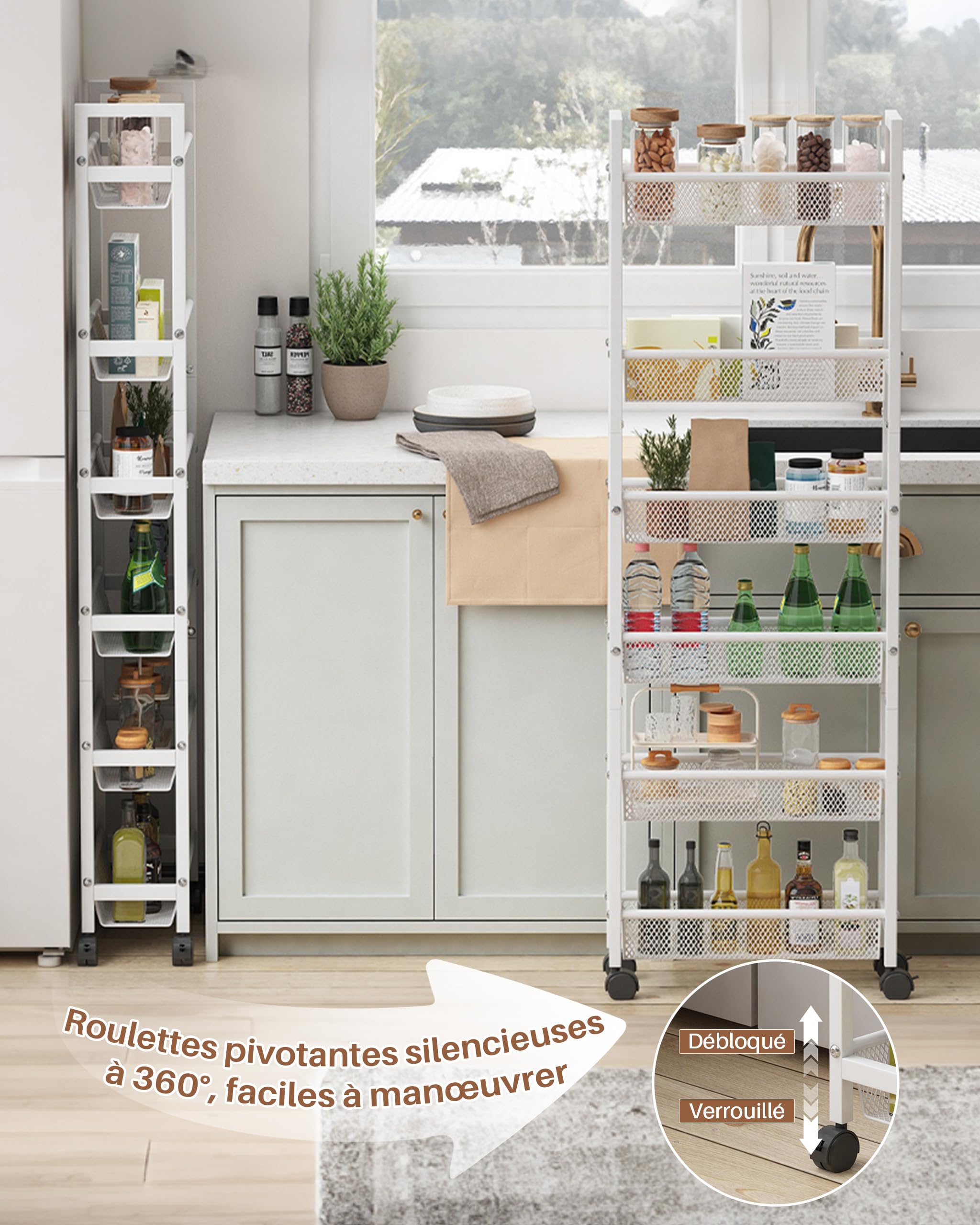 Chariot étroit et Hhaut, étagère de Cuisine à 6 Niveaux avec roulettes