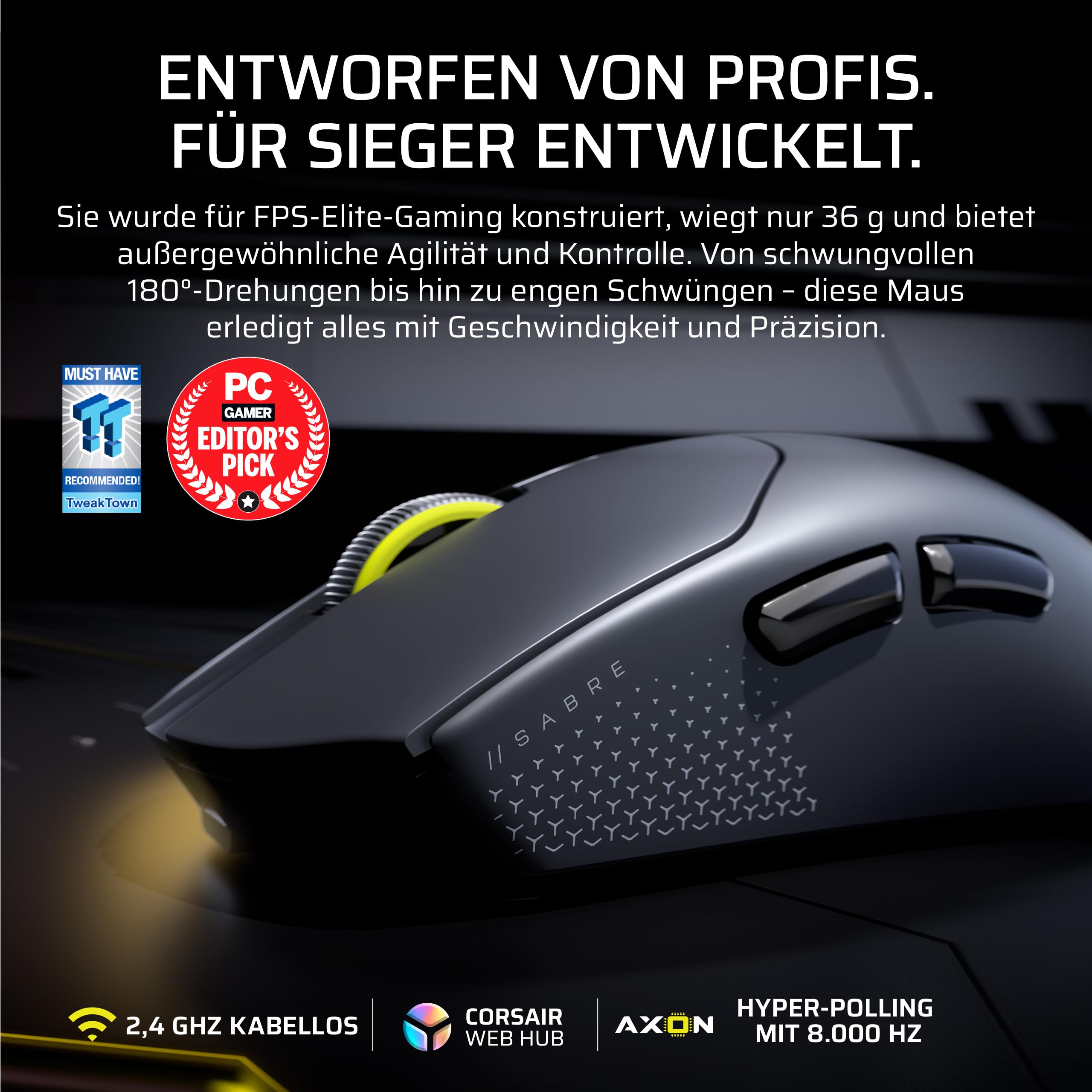 Corsair Sabre v2 PRO Ultralight Wireless FPS Gaming-Maus Schwarz 33K DPI 36g 8000Hz Hyper-Polling Mechanische Tastenschalter 70h Akkulaufzeit