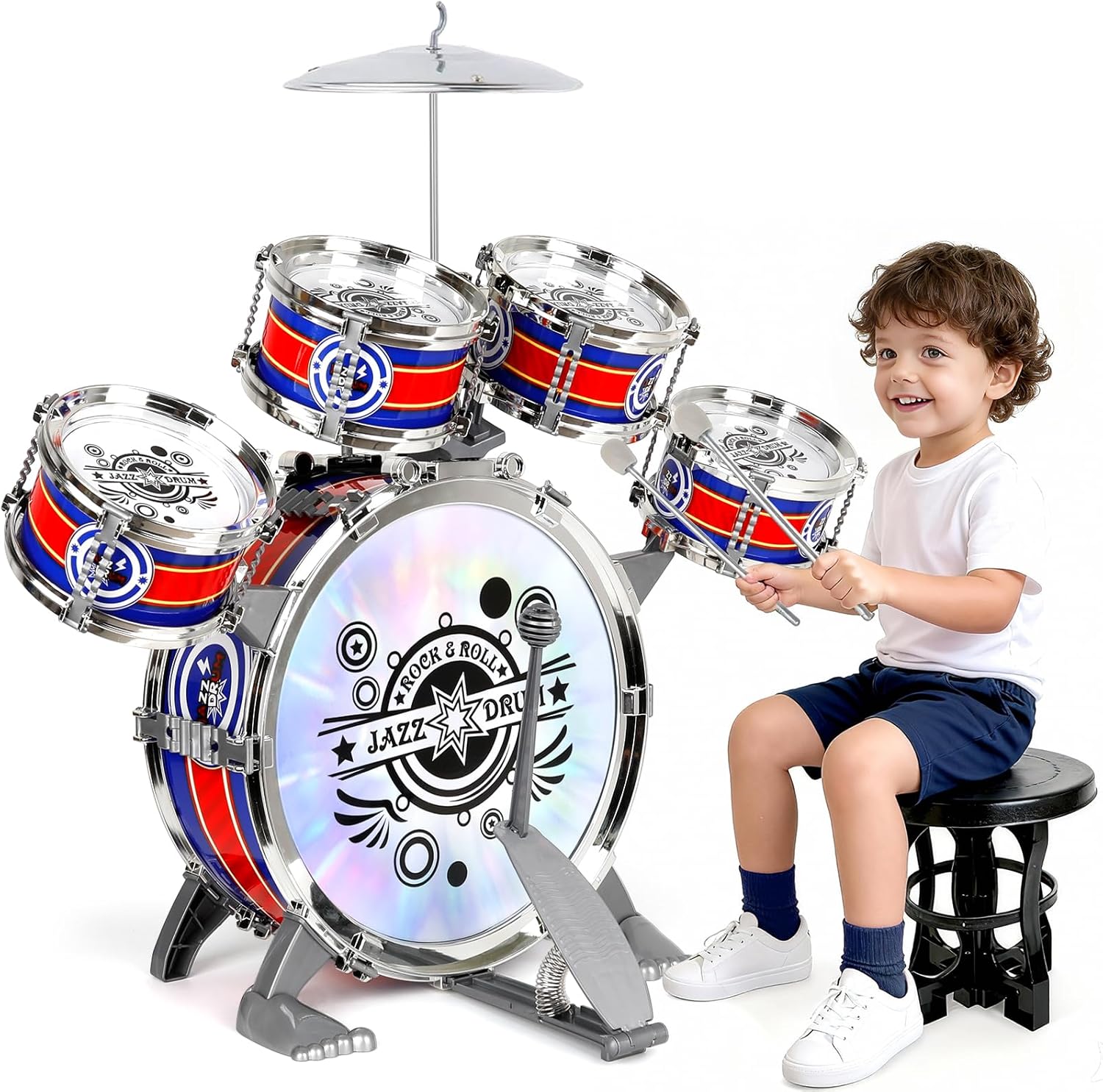 Kids Drum Set for Toddlers 1–3, Light-Up 5pcs Beginner Drum Set with Stool & Cymbal, Musical Drums Toy for Boys Girls Ages 2–5 Birthday Christmas New Year Valentines Day Gifts