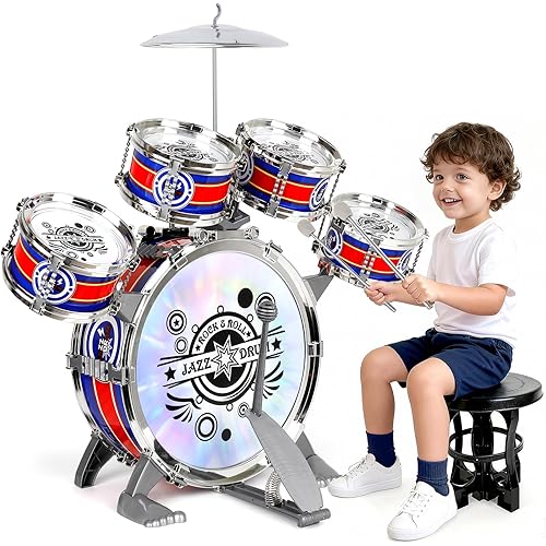 Kids Drum Set for Toddlers 1–3, Light-Up 5pcs Beginner Drum Set with Stool & Cymbal, Musical Drums Toy for Boys Girls Ages 2–5 Birthday Christmas New Year Valentines Day Gifts