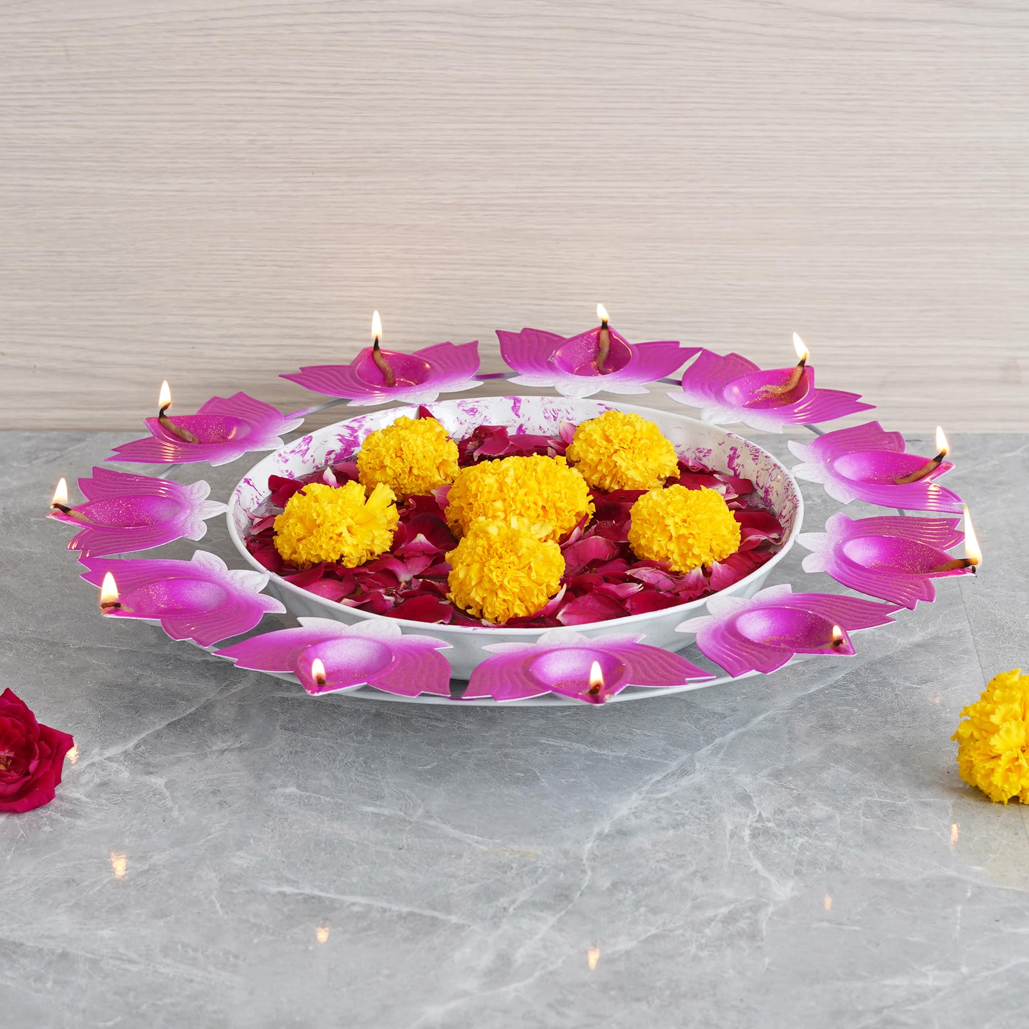 Webelkart Lotus Diya kształt urli miska do dekoracji domu i Pooja | Urli Świecznik tealight do dekoracji domu i biura (40 cm) - Świecznik Diwali różowy