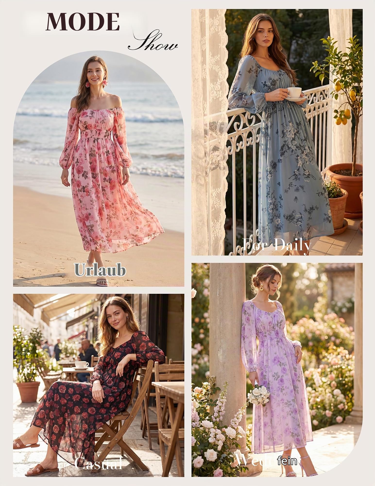 GRACE KARIN Damen A-Linie Kleid V-Ausschnitt Langarm Hochzeitsgast Blumen