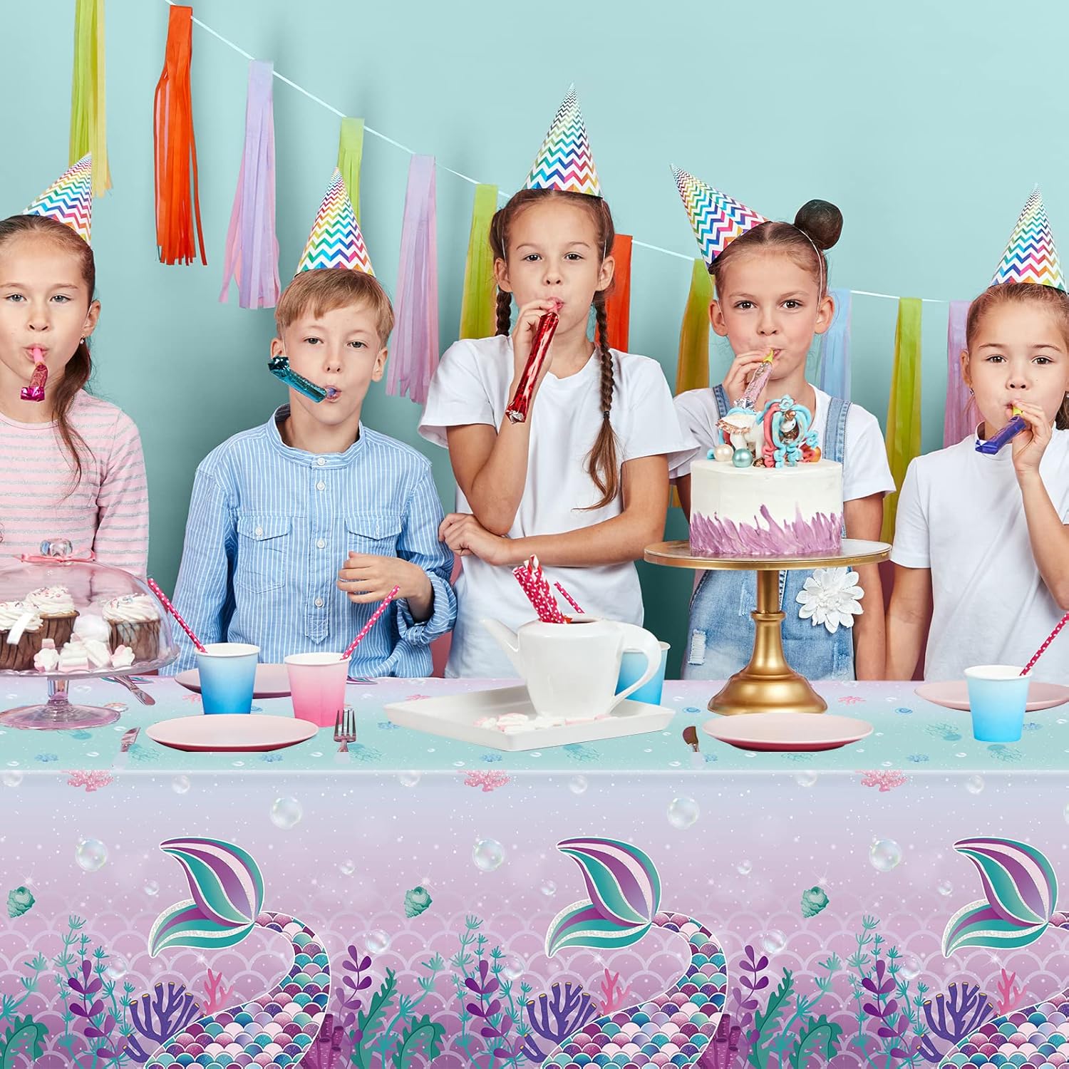 3 Pieces Mermaids Tablecloth, Sea Theme Party Table Covers Disposable Printed Plastic Waterproof Washable Table Cloth Supplies for Kids Girls Birthday Baby Shower Party Decoration, 54 x 108 Inch : Toys & Games