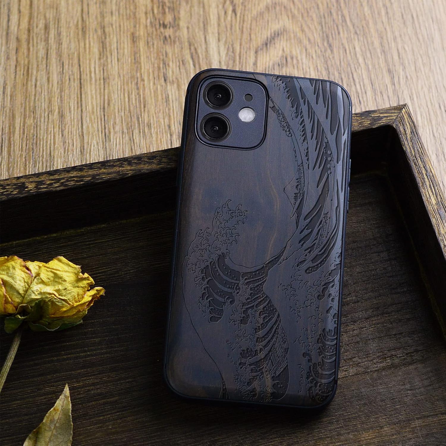 Carveit Magnetic Wood Case for iPhone 12 Case [Natural Wood & Soft TPU] Shockproof Protective Unique & Classy Wooden Cover Compatible with MagSafe (The Great Wave Off Kanagawa-Blackwood)