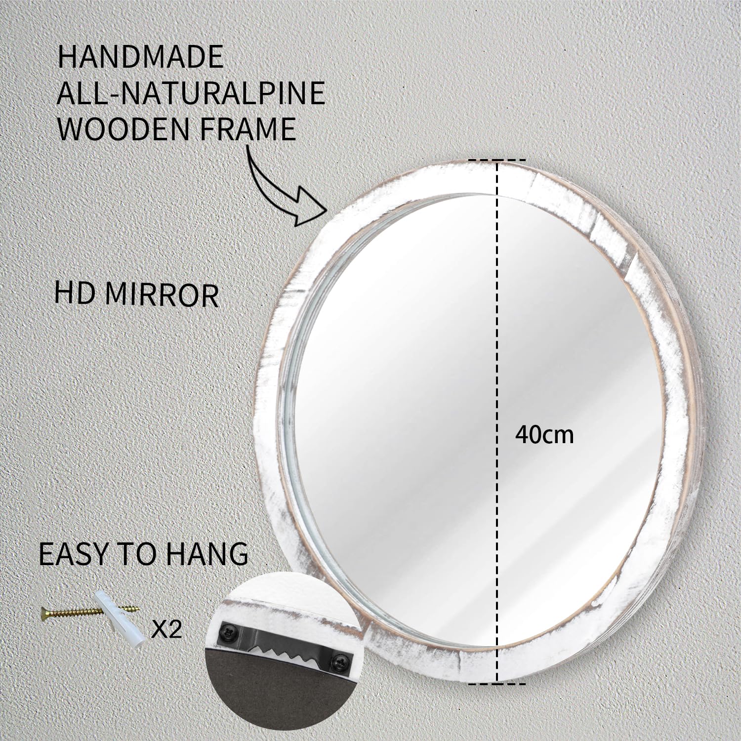 Espejo Redondo De Pared 60cm - Marco De Madera Rústica Para Baño, Sala O Dormitorio