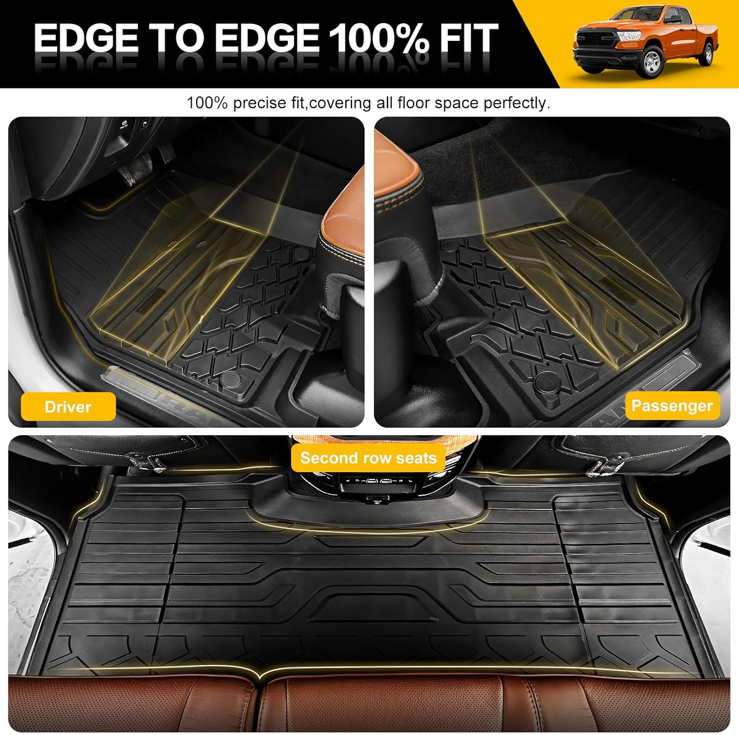 Floor Mats for 2019-2024 Dodge Ram 1500 Crew Cab New Body (Not Fit Classic) 2nd with Rear Under-Seat Storage Box Bucket Seat, All-Weather Floor Liners 1st & 2nd Row Full Set - Image 5
