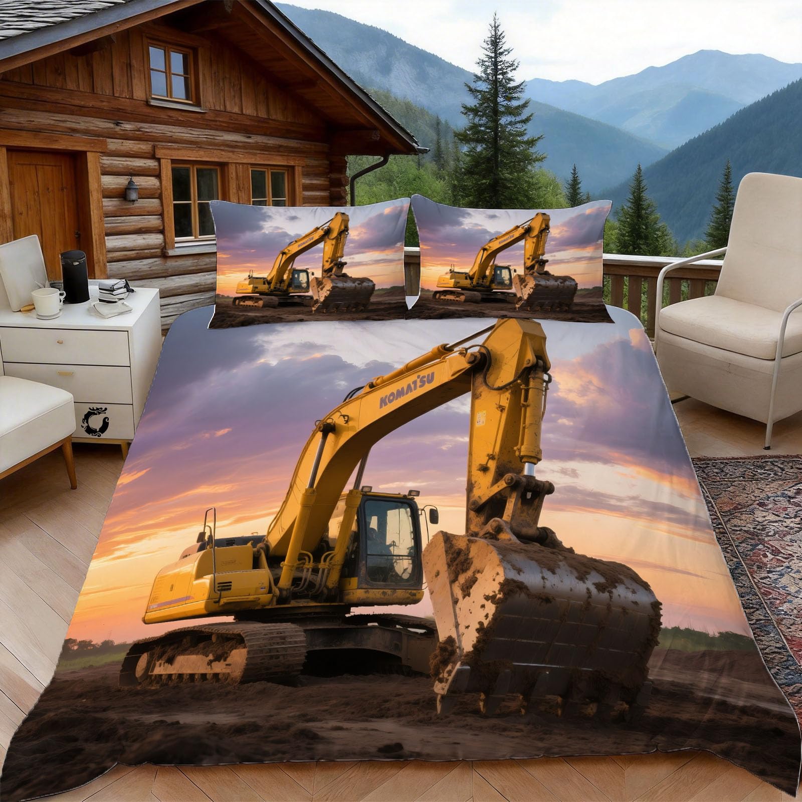 Housse de couette excavatrice 200x200 en microfibre pour créer une chambre à thème tracteur