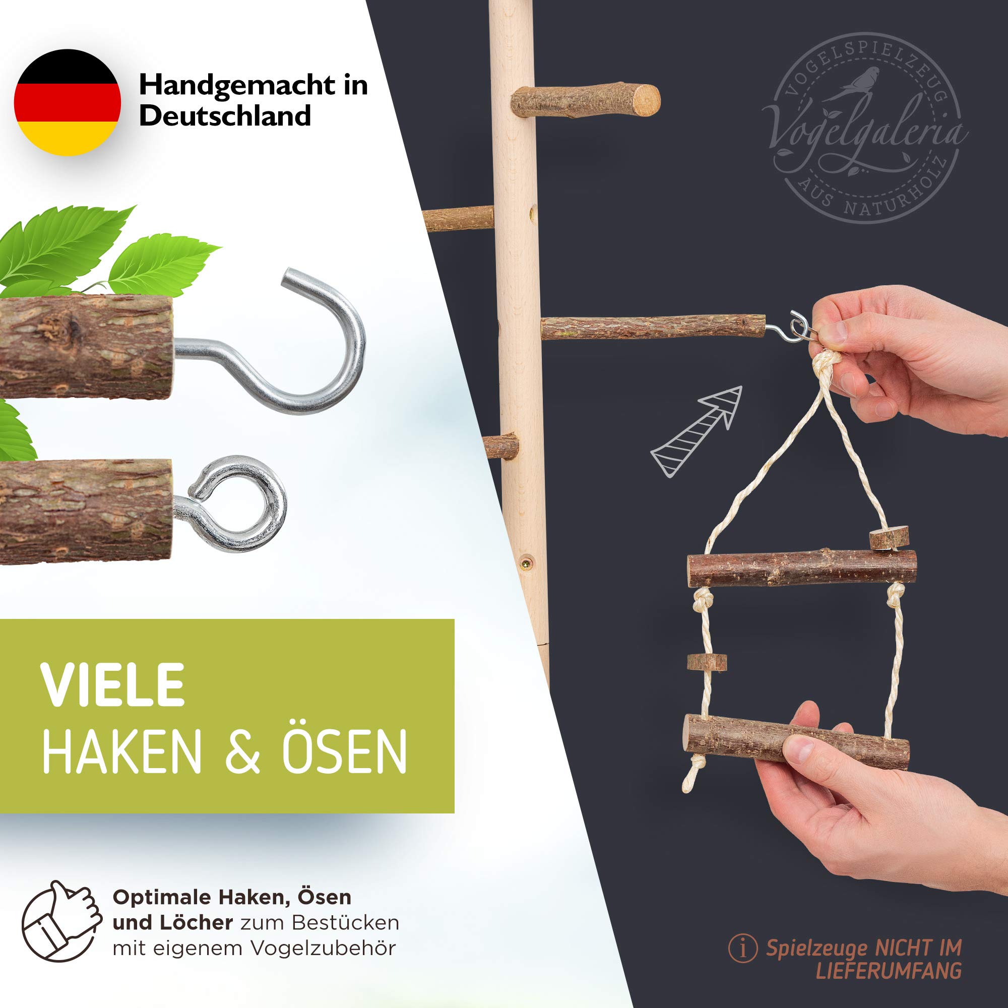 Vogelgaleria® Zimmerhoher Vogel Kletterbaum selbst konfigurierbar mit Naturholz-Sitzstangen, Vogelspielzeug, Vogelschaukel | Vogelspielplatz und Freisitz für Wellensittich, Nymphensittich & Co.