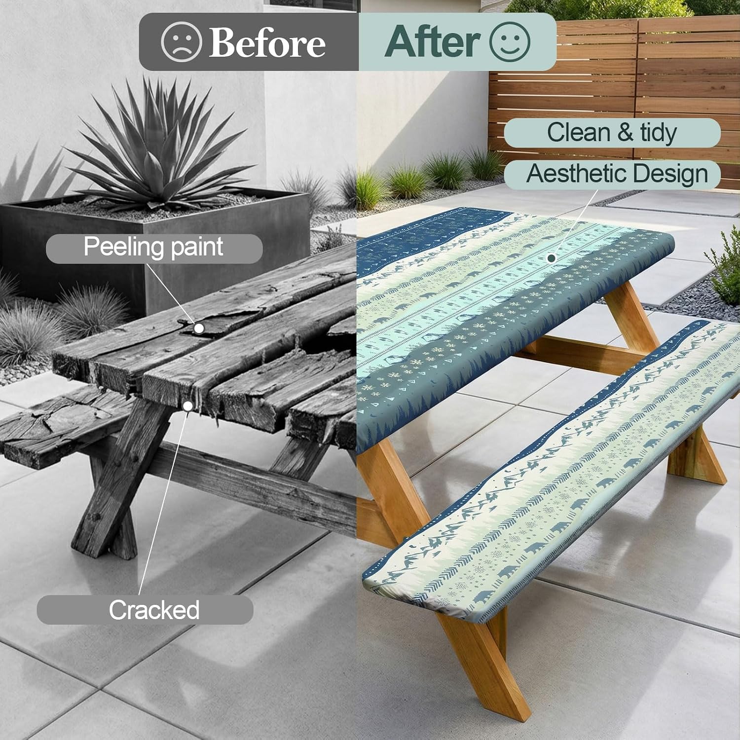 Picnic Table Cover with Bench Covers Camping Essentials Waterproof Windproof Camping Tablecloth with Drawstring Bag, Fitted Rectangle Tables and Seats, 72in, Bohemian thumbnail