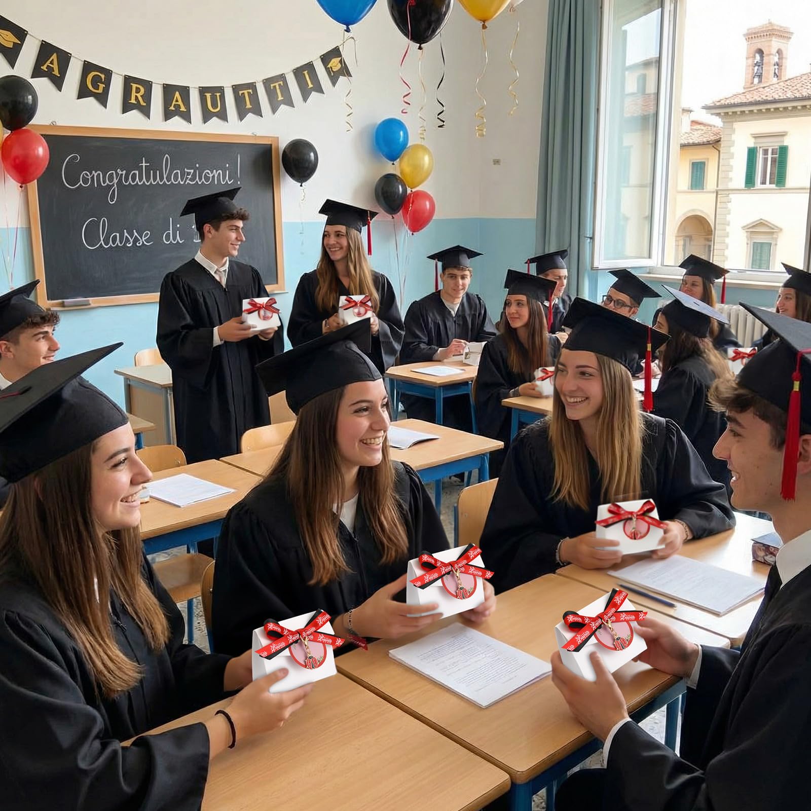 BBTO Bomboniere Laurea 30 Sets di Regalo Laurea Include Portachiavi Coccinella Portafortuna Scatoline Portaconfetti Nastro Rosso e Nastro Nero Bigliettini Bomboniere Fai-da-Te