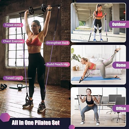 Miniatura 5 de Pilates Bar Kit with Resistance Bands, Multifunctinal Exercise Bar with Ab Roller for PilatesAbsWeight Loss, Portable Home Gym Pilates bar kit for