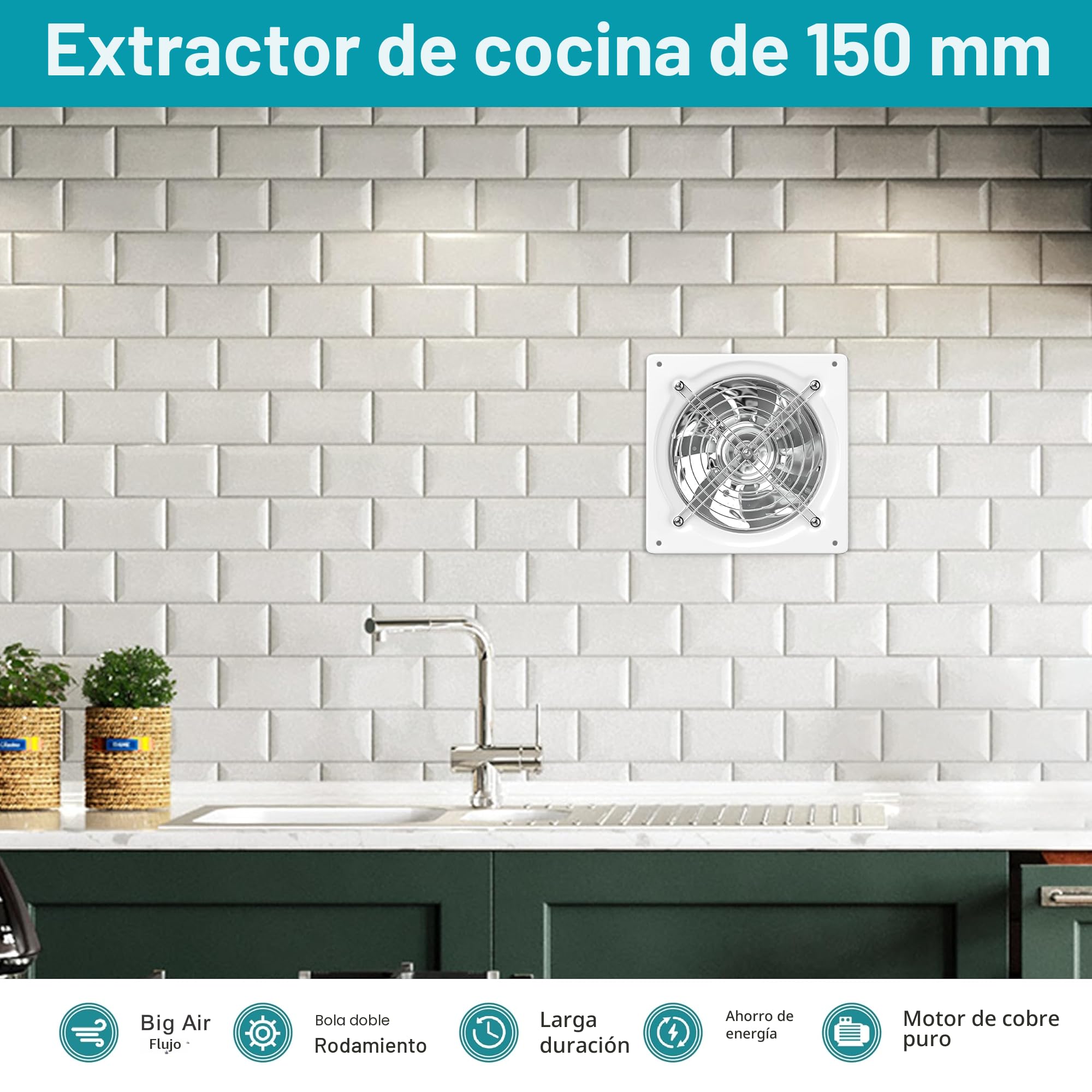 HG Power Ventilador de aspiración de 150 mm, 525 m³/h, extractor para baño, cocina, ventilación, circulación del aire con enchufe EU, blanco