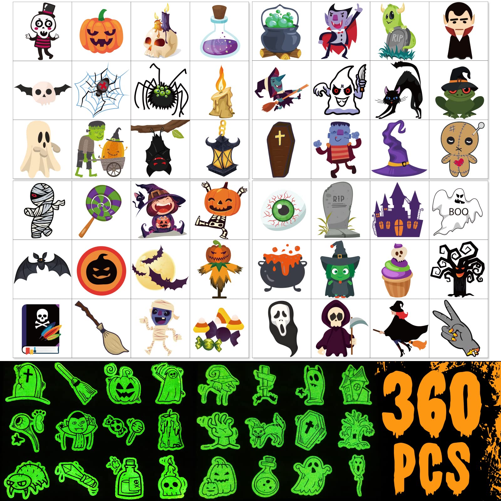 360pcs Assorted Halloween Tattoos, 72 Designs including 36 Glow in the Night Children Tattoos Halloween Trick or Treat Ghost Monster Pumpkin Tattoos