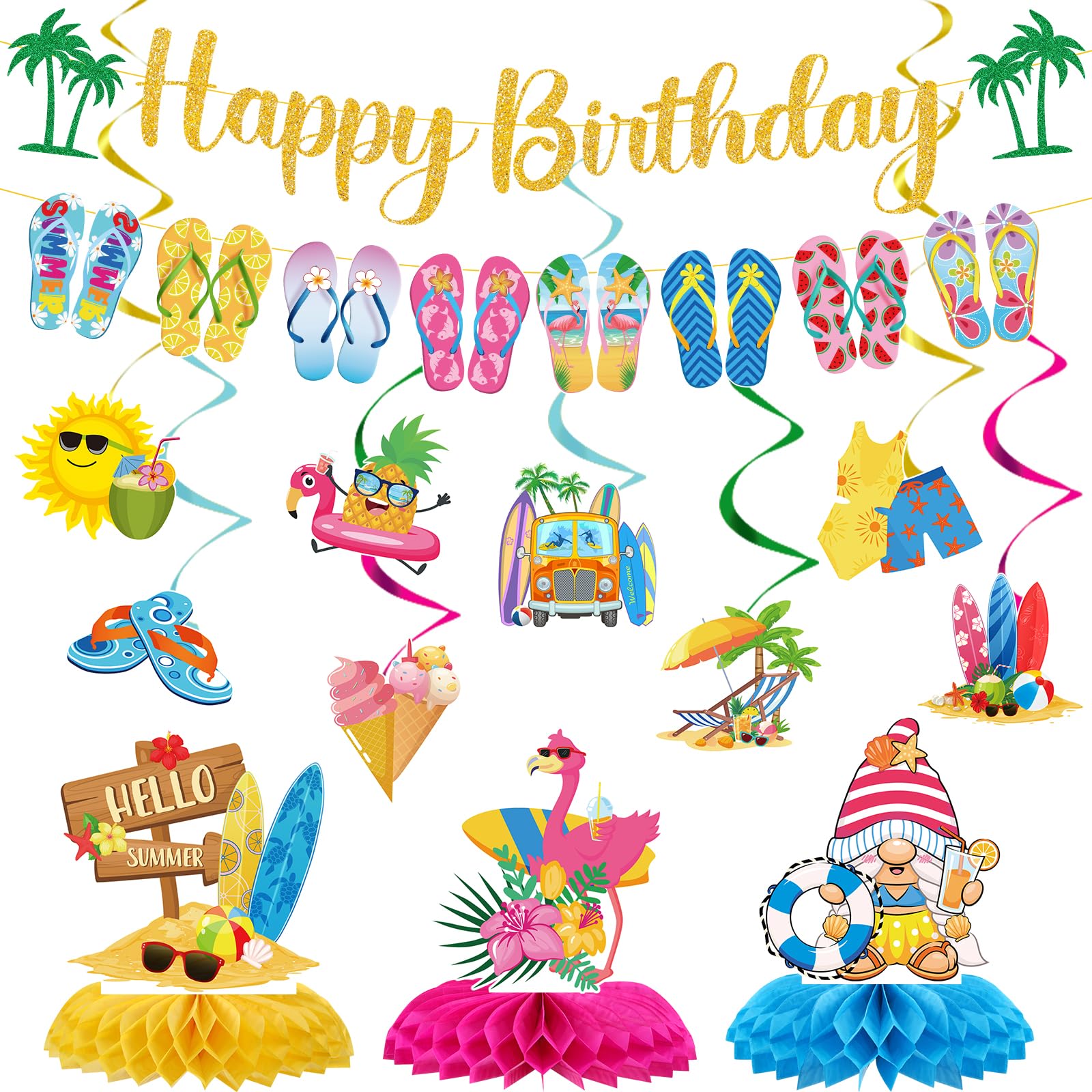 VorkiVecKi Decoraciones de fiesta de cumpleaños de verano, juego de 13 piezas de decoración de remolinos colgantes para piscina de playa, para niños, suministros de pancarta de Hello Summer Slip Flop