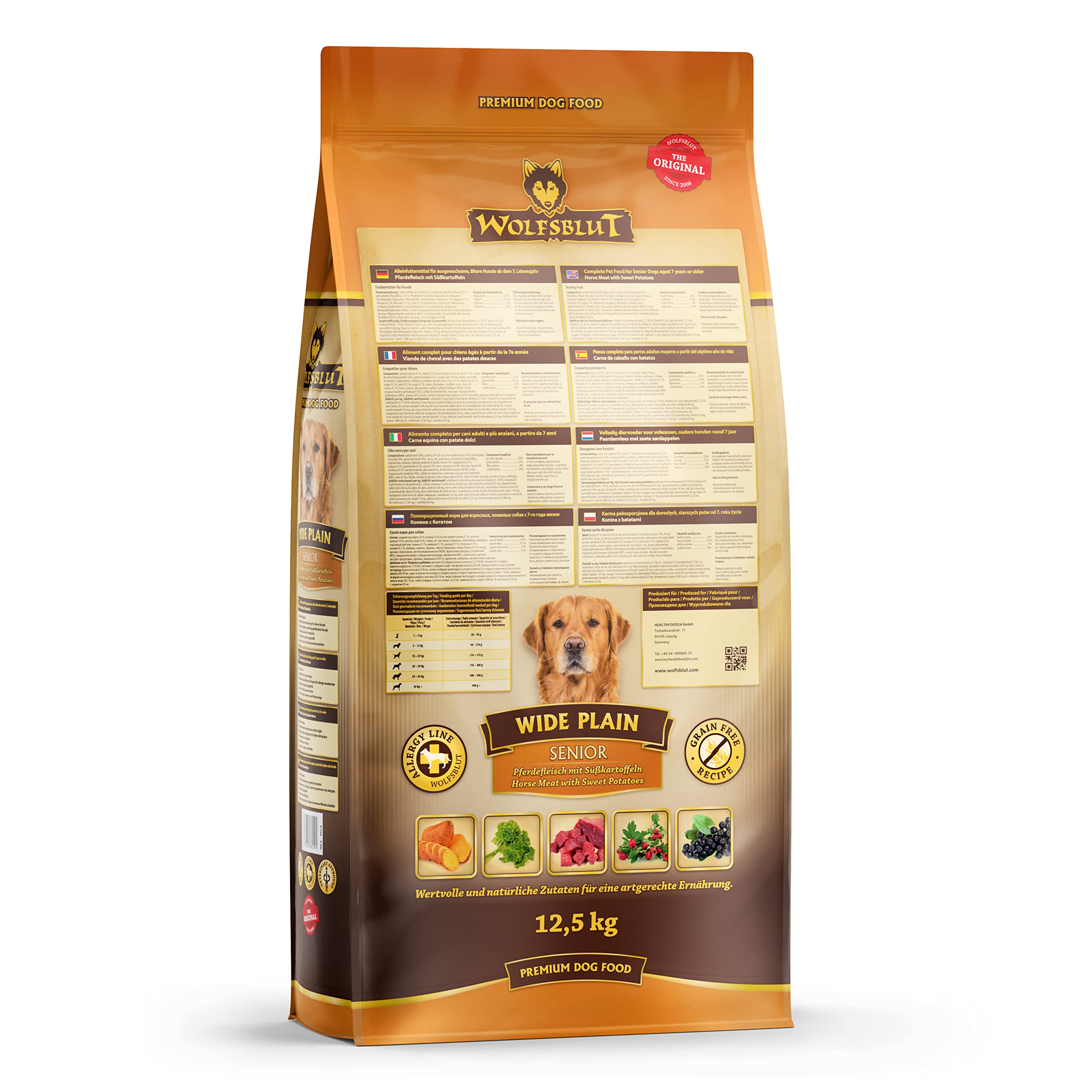 WOLFSBLUT – Wide Plain Senior | Trockenfutter mit natürlichen Zutaten und wertvollen Superfoods für ausgewachsene Hunde. Getreidefreies Alleinfutter ohne Zusatzstoffe im Beutel | 12,5kg Pferd