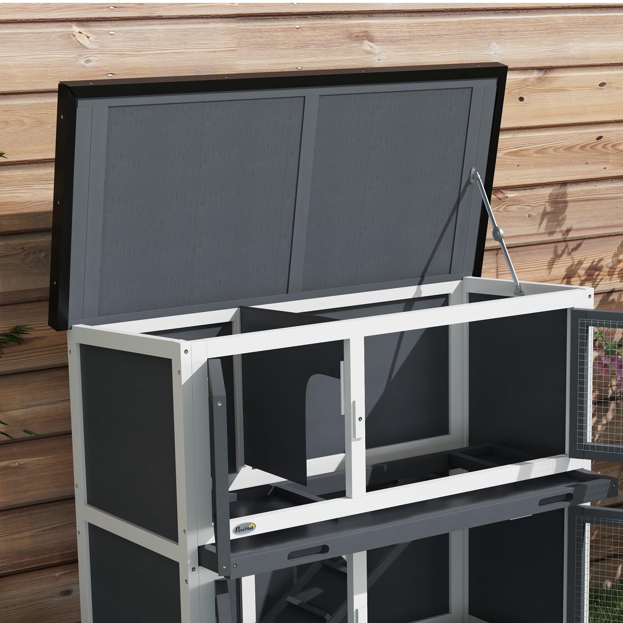 PawHut Conejera de Madera Jaula para Conejos de 2 Pisos 97x44x91 cm con Techo Asfáltico Puertas con Pestillo Bandejas Extraíbles y Rampa para 2 Conejos Gris