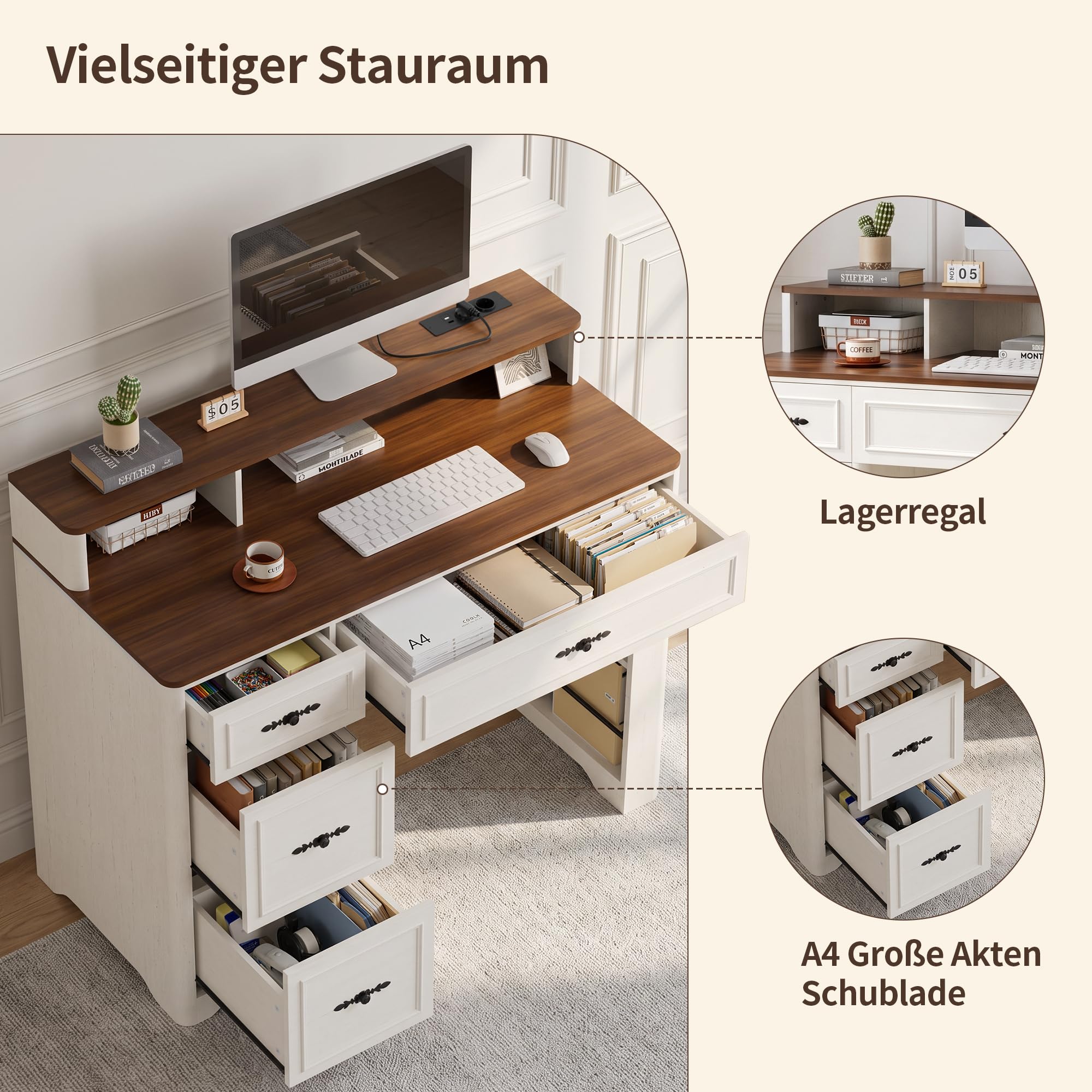 BonVache Schreibtisch Holz Mit Schubladen im Landhausstil 110cm mit A4 Akten-Schublade und Integrierter Ladesteckdose