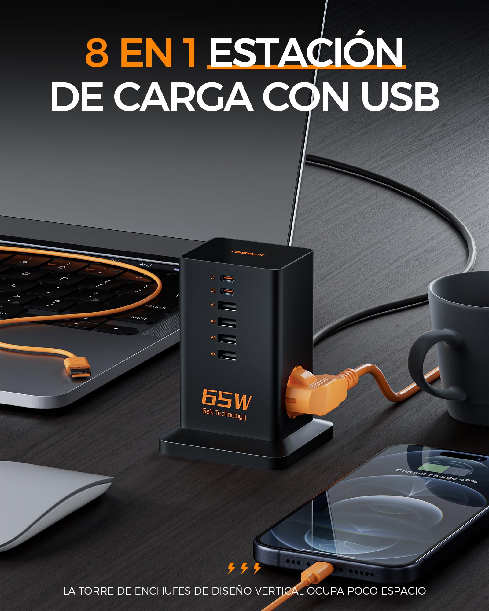TESSAN Cargador USB C, PD 65W GAN Cargador, USB Estacion de Carga con 6 Puertos y 2 Enchufes, Estación de Carga con Cable de 2M para teléfono y Pad, Portátil Adaptador para Oficina
