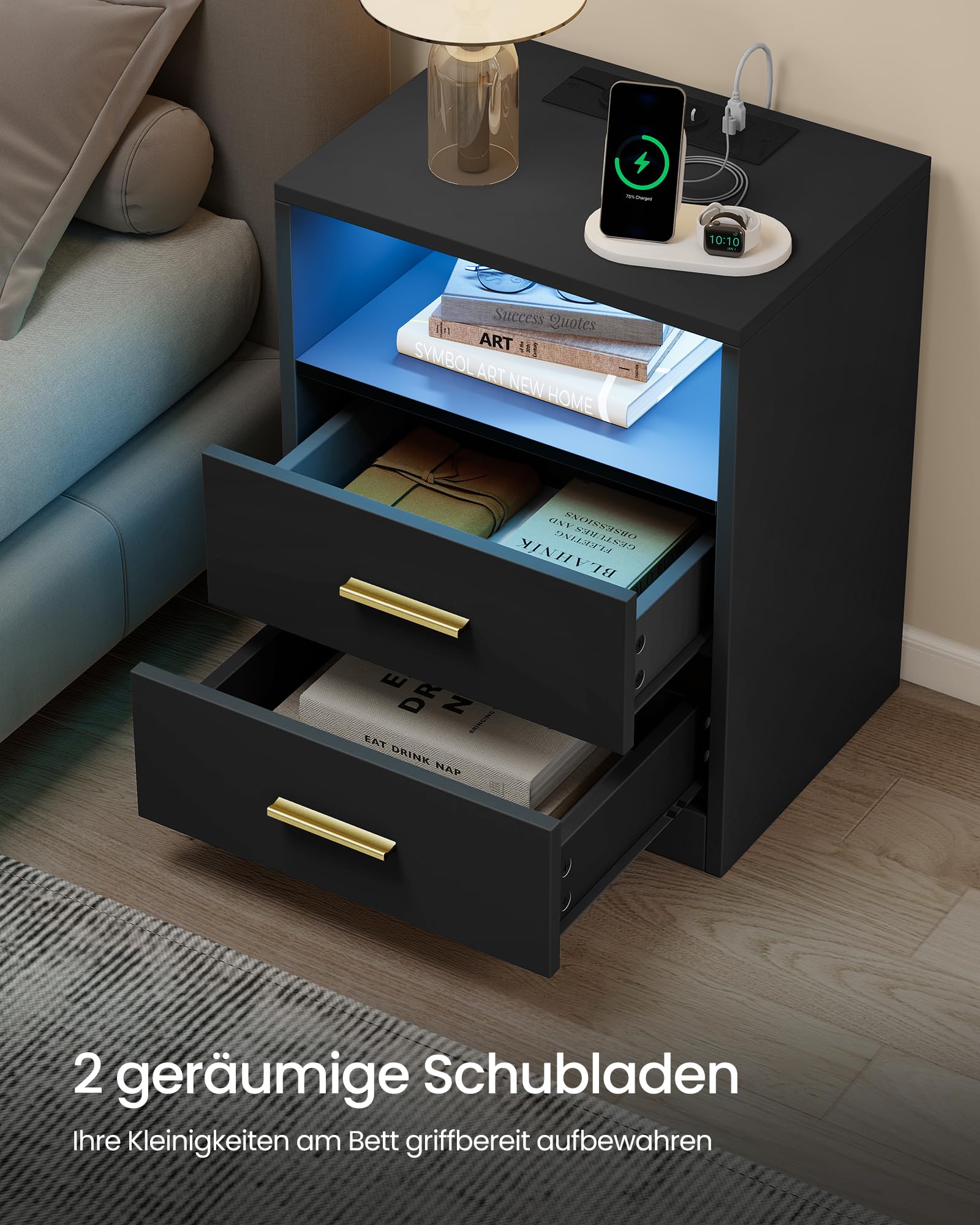 VASAGLE Custos Kollektion - Nachttisch mit Ladestation, 2er Set, LED-Beleuchtung, Beistelltisch, modern, mit Schubladen, 2 AC-Steckdosen und USB-Anschlüssen, tintenschwarz LET829BC01