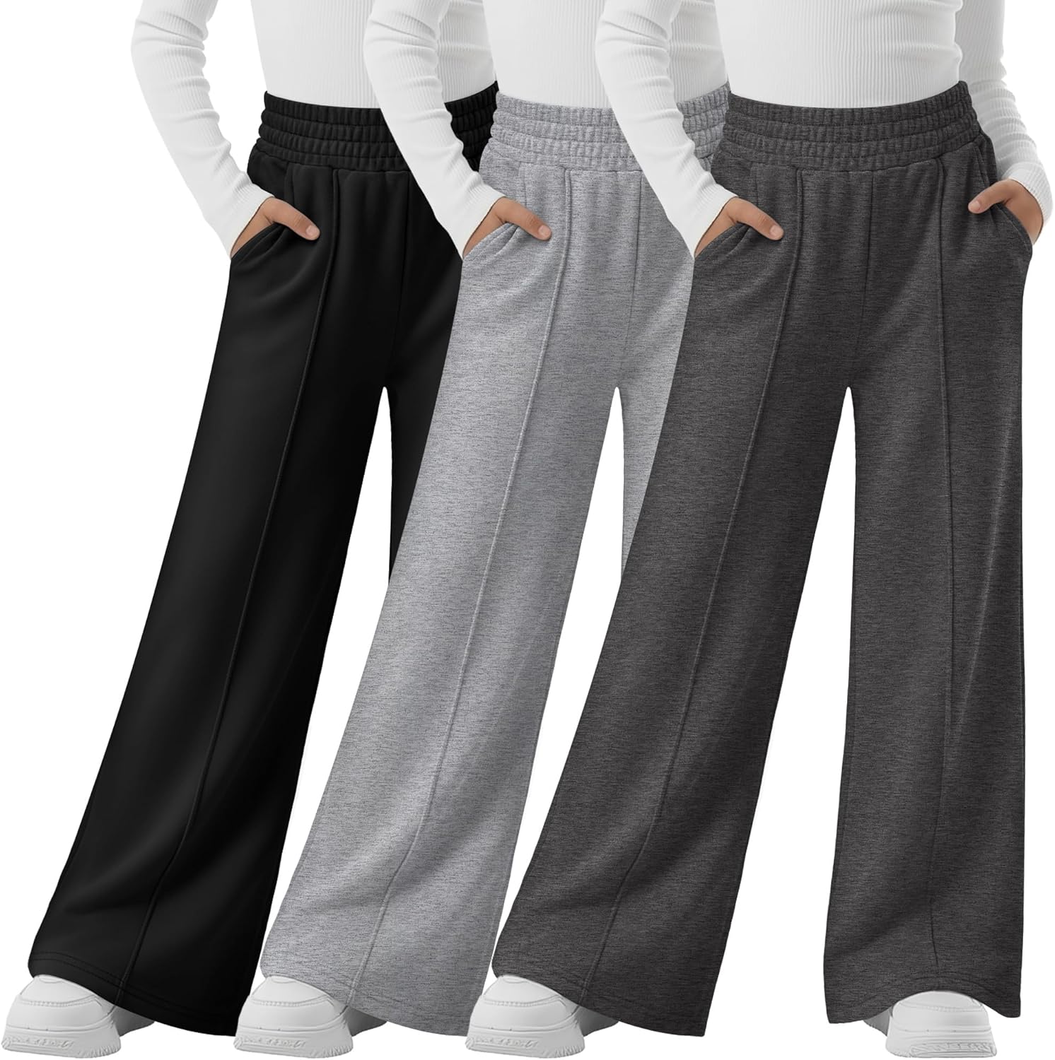 3 Pack Girls Sweatpants Kids Wide Leg Front Seam Pants Elastic Waist Baggy Causal Athletic Joggers with Pockets