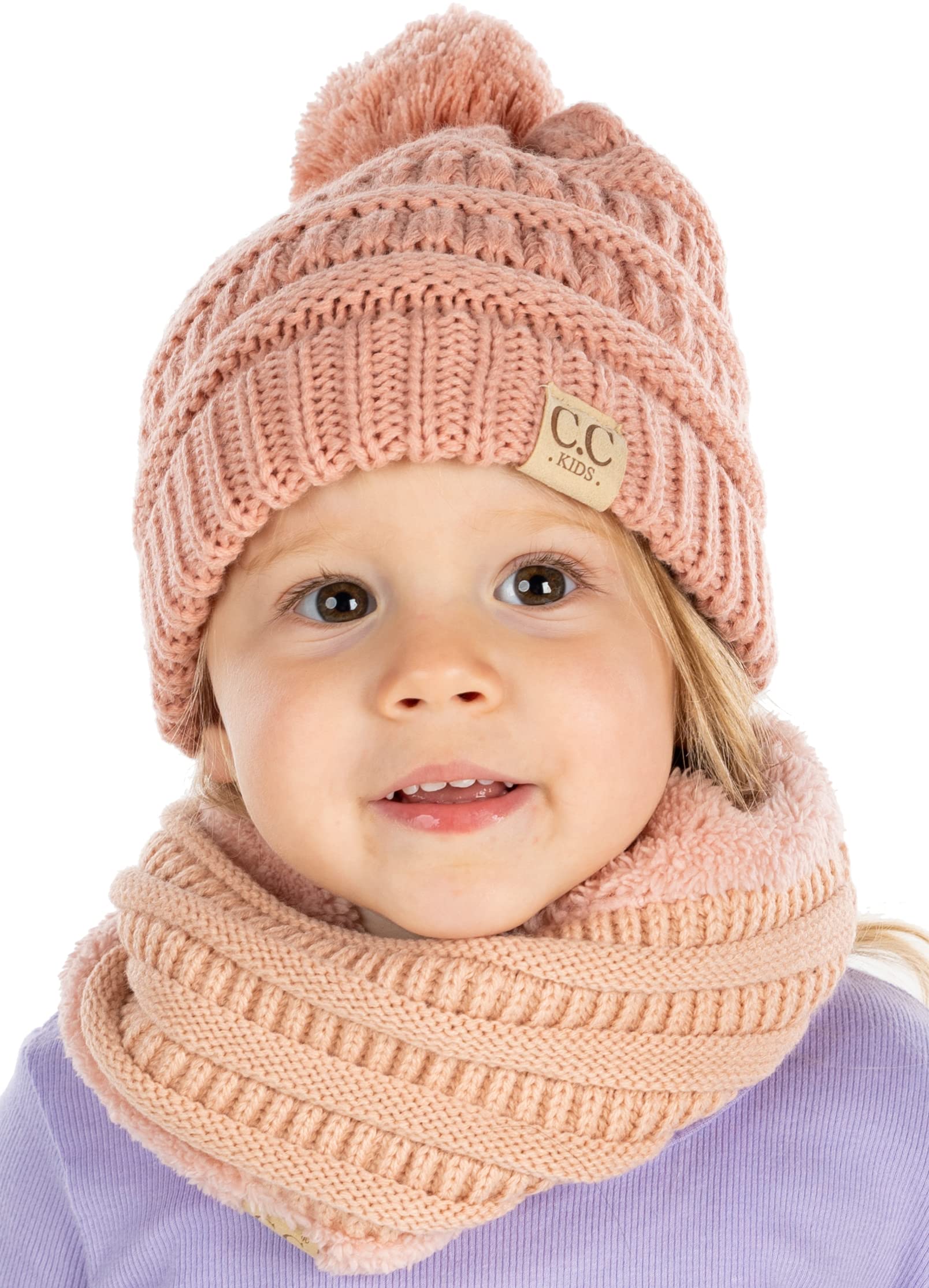 Funky Junque Kids Winter Fleece Lined Neck Warmer Ribbed Knit Pom Pom Winter Beanie Bundle Cold Weather Gaiter Toddler