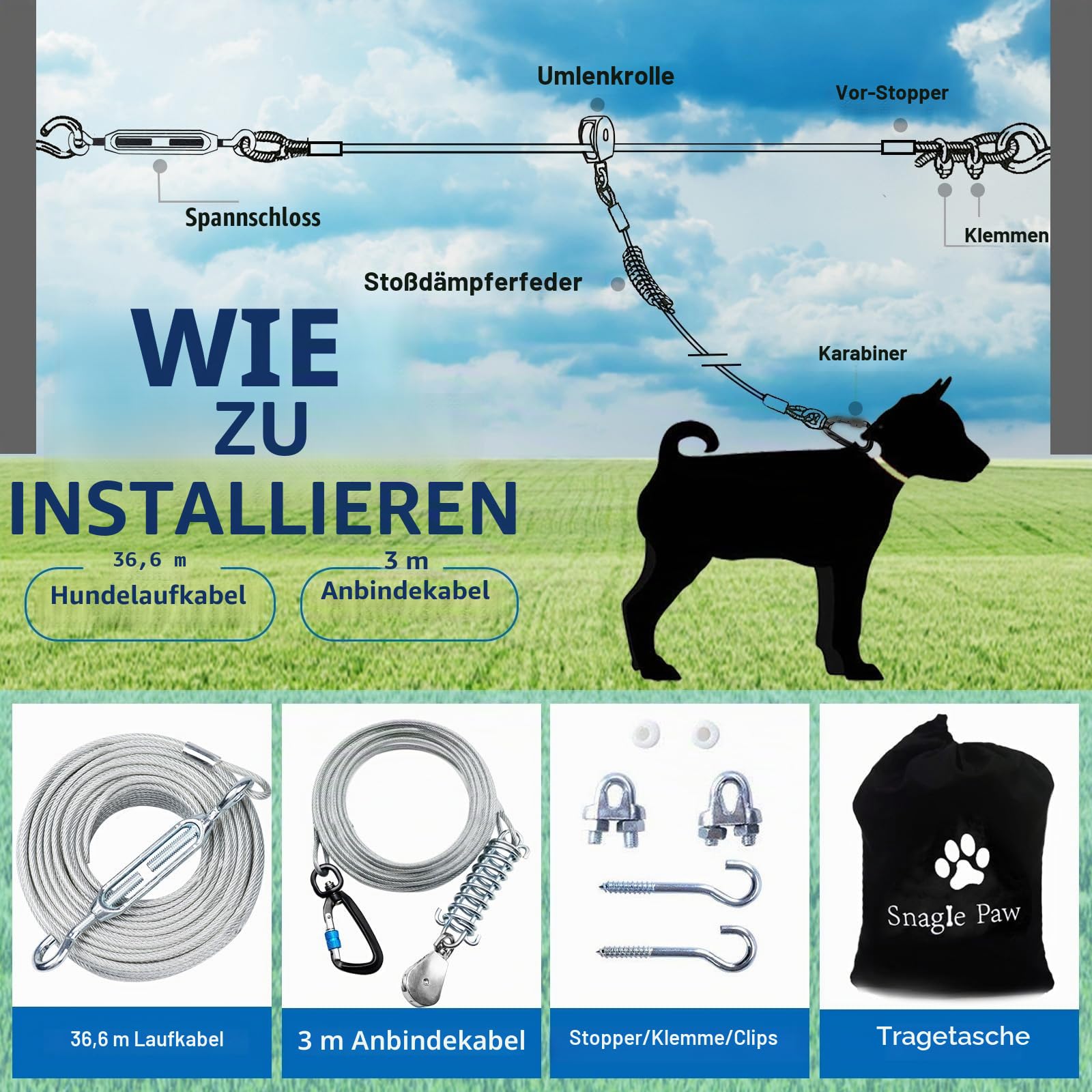 Hundeläufer für den Hof, Trolley-System für große Hunde, robuste Hundeleine, 36,6 m mit 3 m Seilzug, Laufleine für kleine, mittelgroße und große Hunde bis zu 113 kg, Laufen im Freien oder Camping