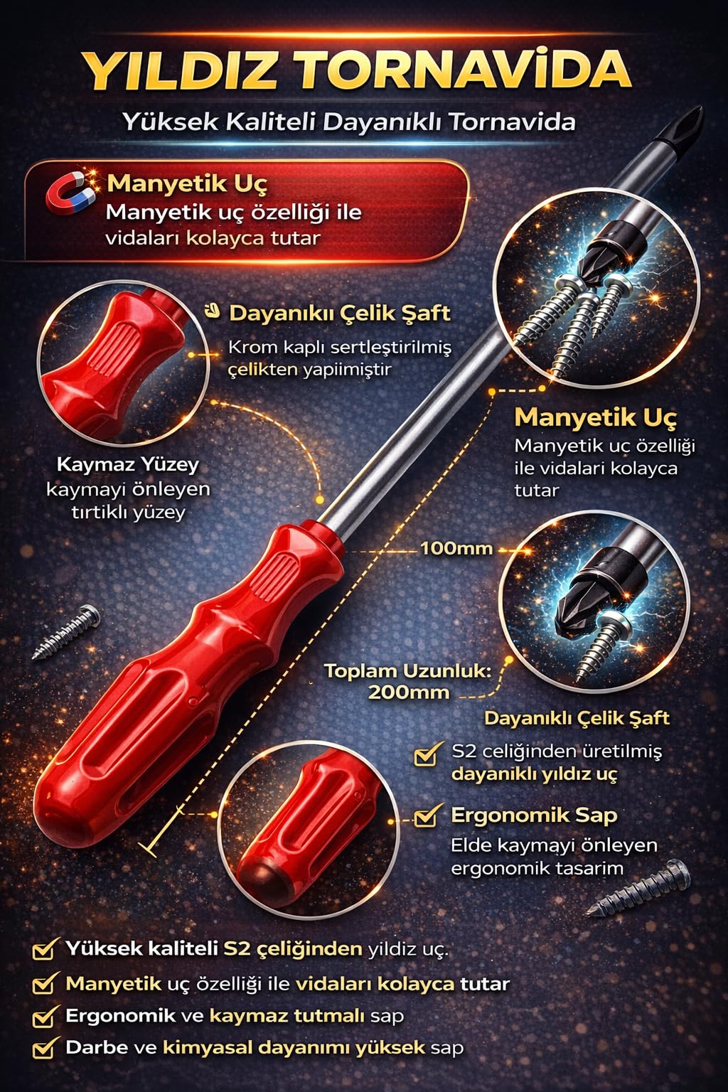VIVALUXE Manyetik Uçlu Yıldız Tornavida, Ergonomik Kaymaz Sap, Dayanıklı Çelik Şaft, Vida Sökme Takma, İnşaat, Nalbur ve Ev Tamir Tornavidası