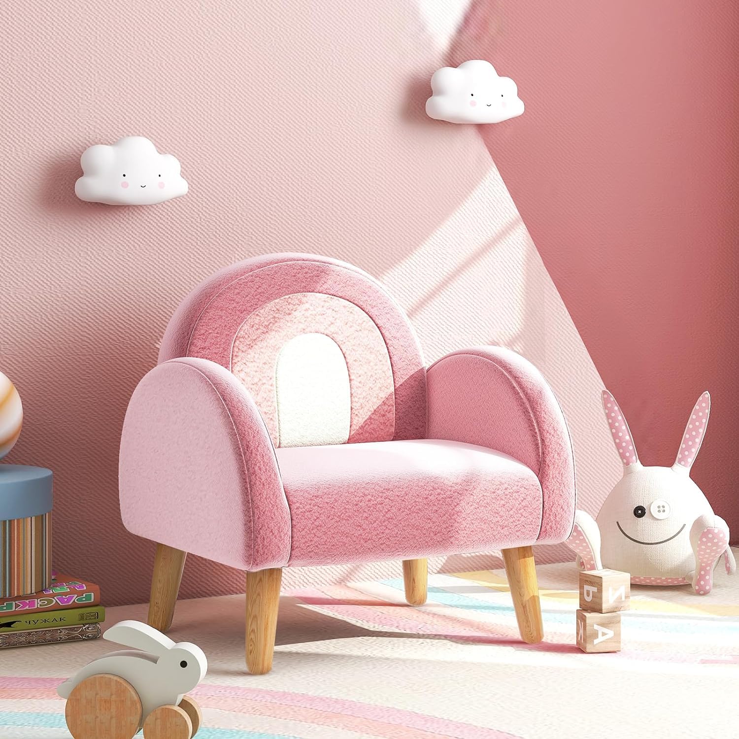 GOPLUS Sillón infantil sofá de peluche con respaldo y apoyabrazos acolchado rosa