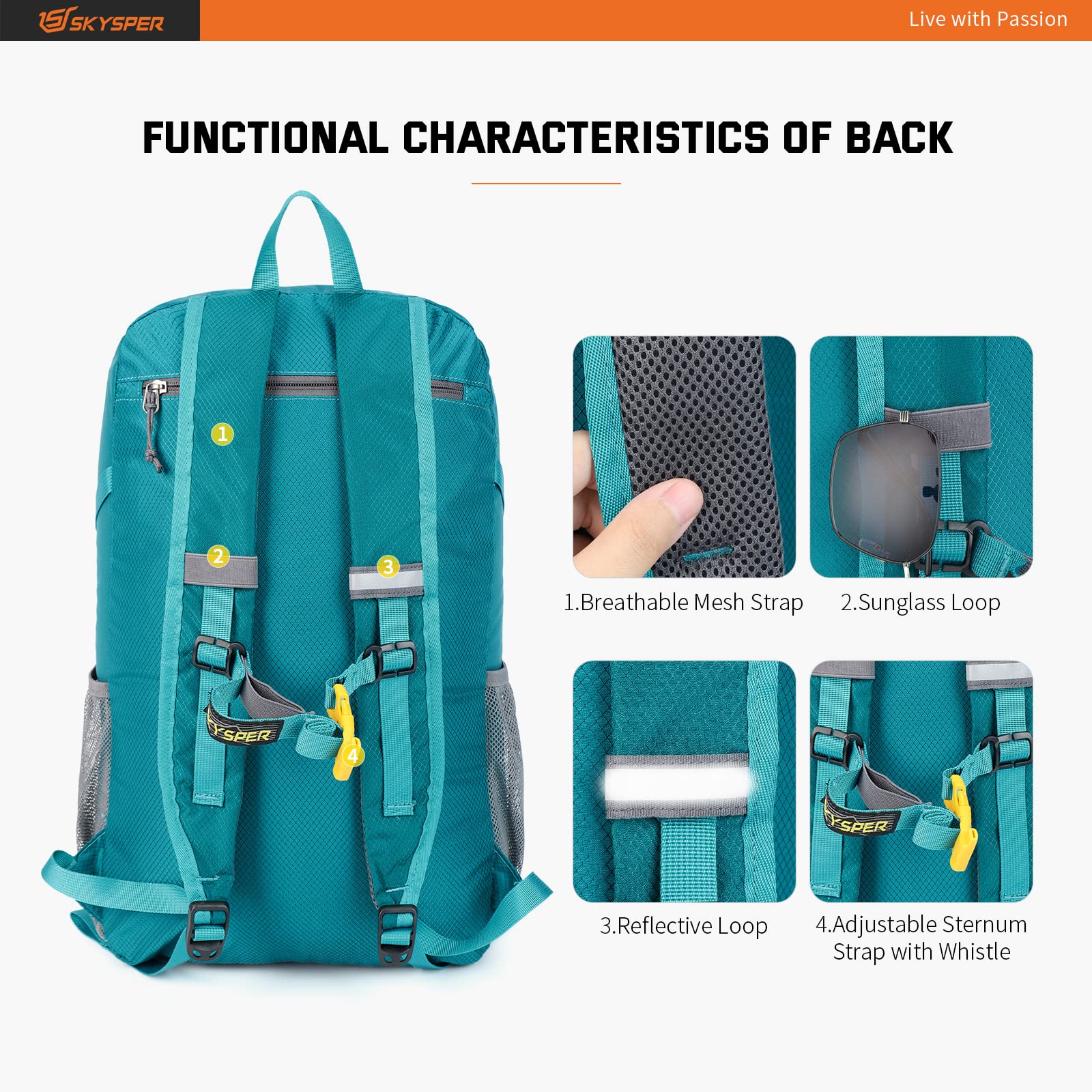 SKYSPER Zaino Ultraleggero Pieghevole, Zaino Ripiegabile 30L Resistente all'Acqua con Strisce Riflettenti Zaino da Trekking per Hiking Escursione Viaggio Uomo Donna