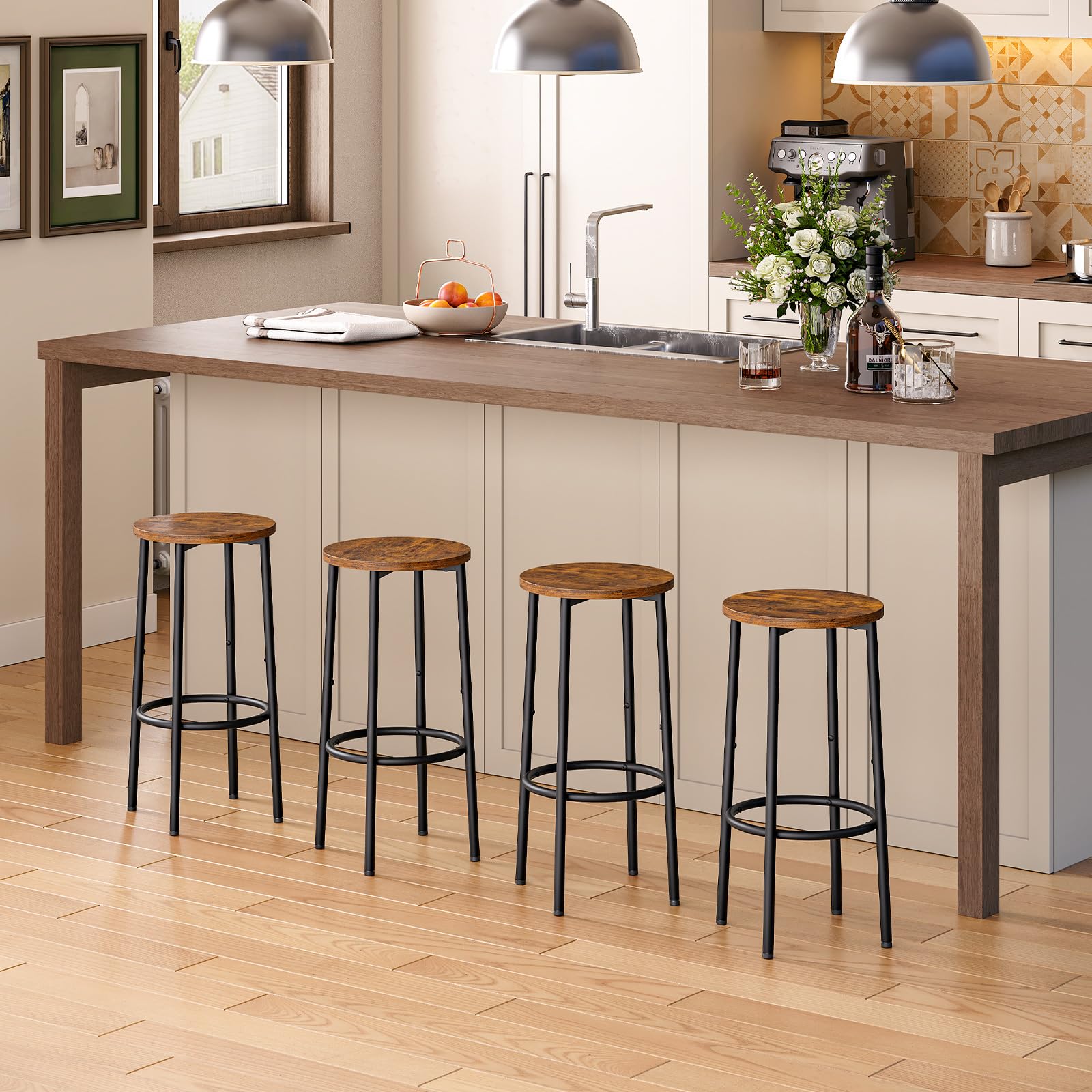 HOOBRO Tabourets de Bar, Lot de 4, Tabourets Hauts pour comptoir, Chaises de Cuisine avec Cadre métallique, pour Cuisine, Bar, café, Salle à Manger, Marron Rustique et Noir EBF03BYP401