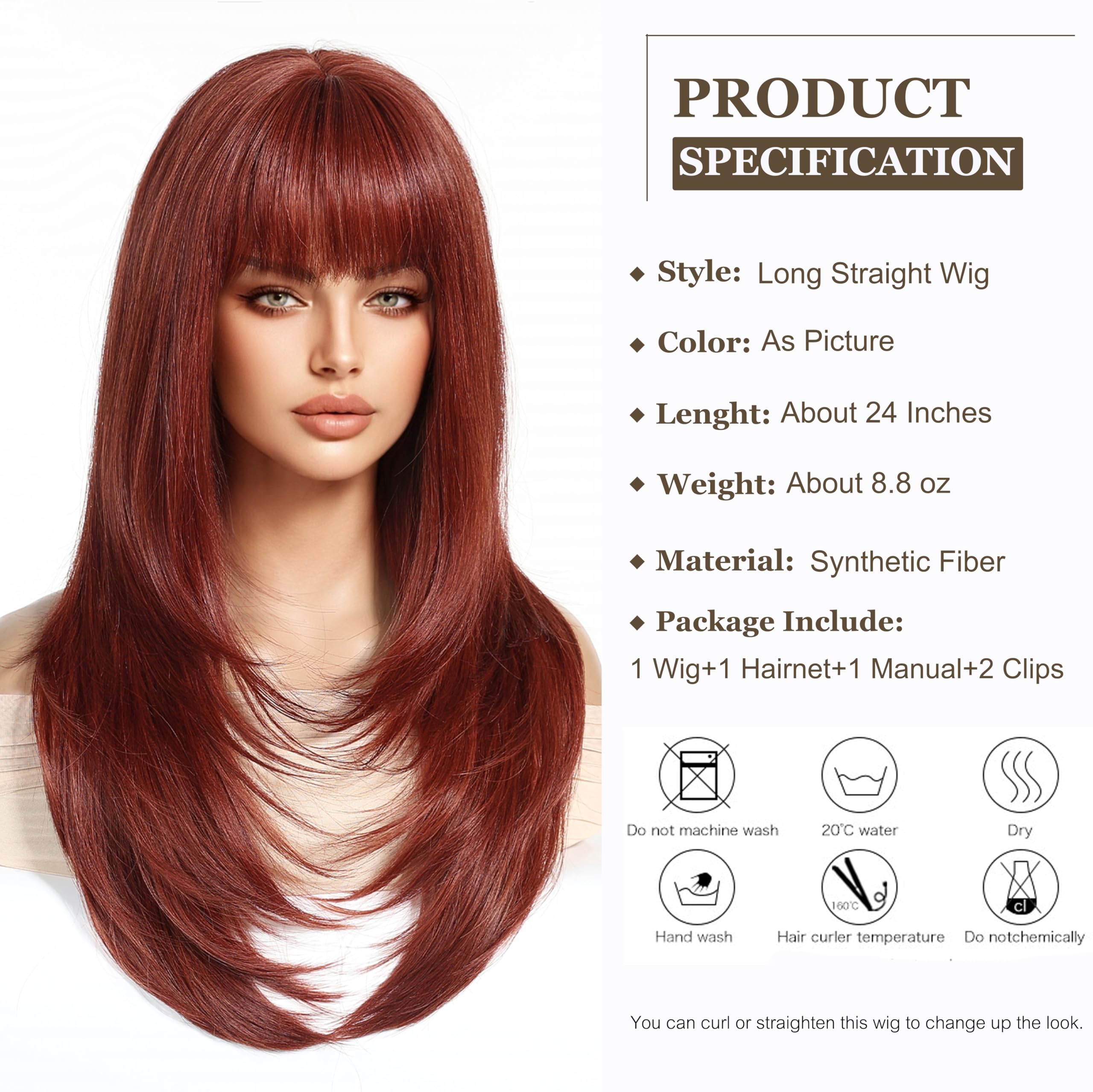 Esmee Long Straight Red Brown Wigs for Women with Fringe Natural Synthetic Hair Wig for Daily & Party Use - Image 2