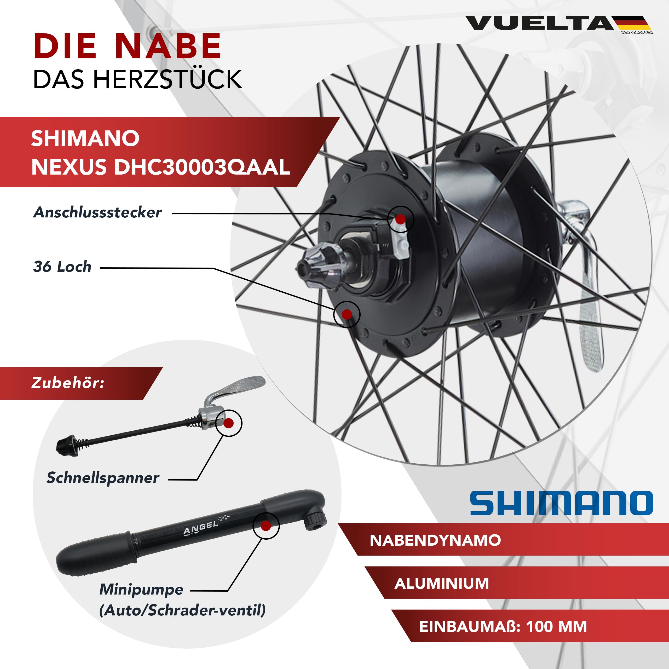 Vuelta Fahrradfelge 28/26 Zoll Vorderrad inkl. Nabendynamo DHC30003 QR - Made in Germany - Vorderrad Felge mit V-Brakes/Felgenbremse, 622x19/559x19 Hohlkammer-Fahrradfelgen - MTB Fahrrad Rad Cut 19