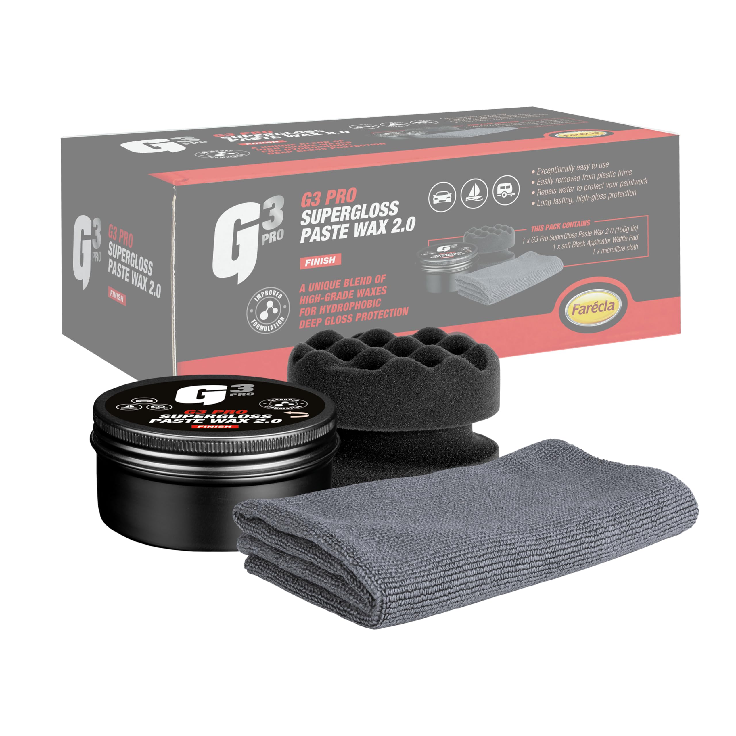 G3 Pro SuperGloss Paste Wax 2.0 – High Gloss Car Wax with Carnauba | Up to 6 Months Protection | Easy Application & Buffing | Includes Applicator Pad & Microfibre Cloth (7266)
