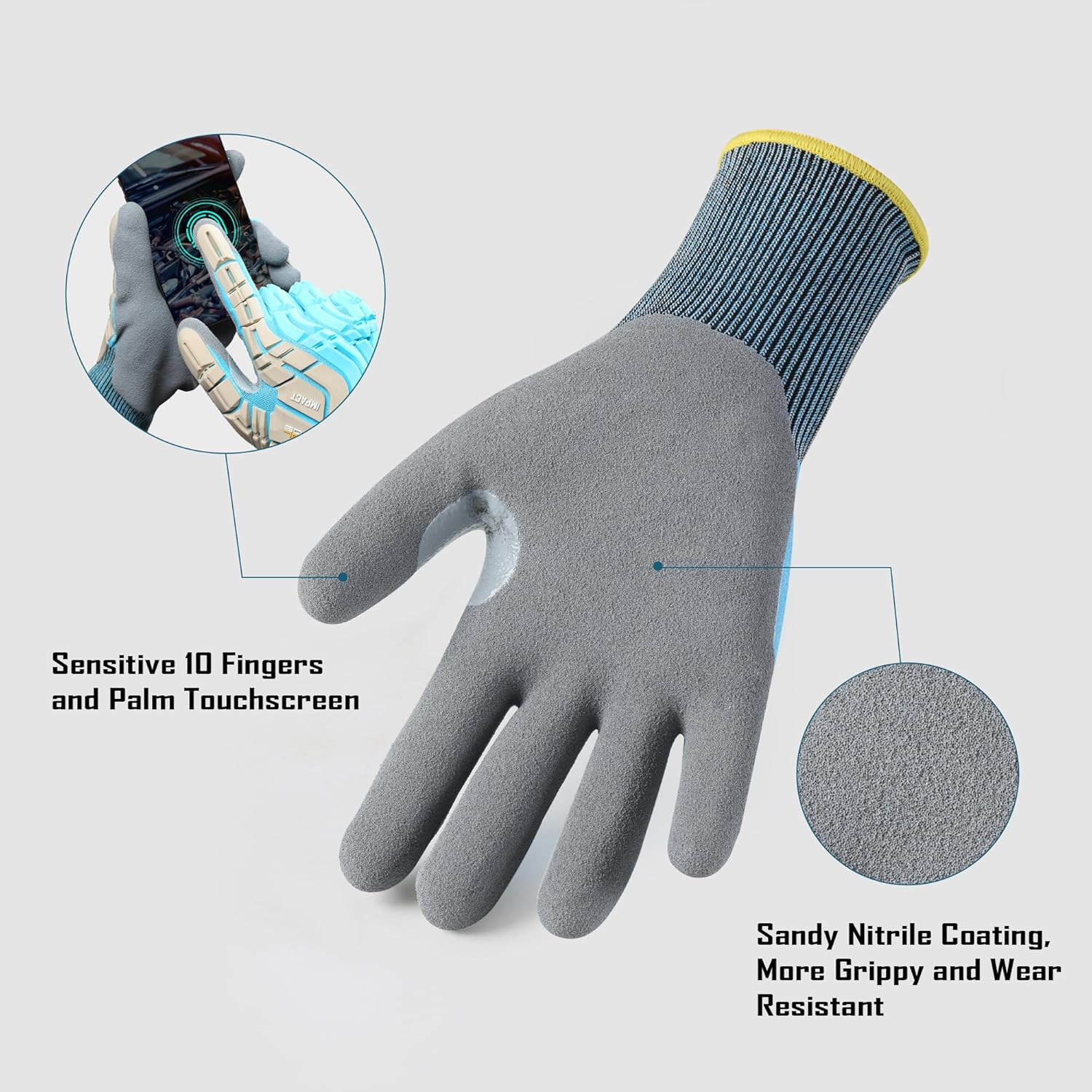 COOLJOB TPR Impact Resistant Safety Work Gloves with Grip, Sandy Nitrile Dipped Utility Gloves for Construction Workers, S-XL - Image 3