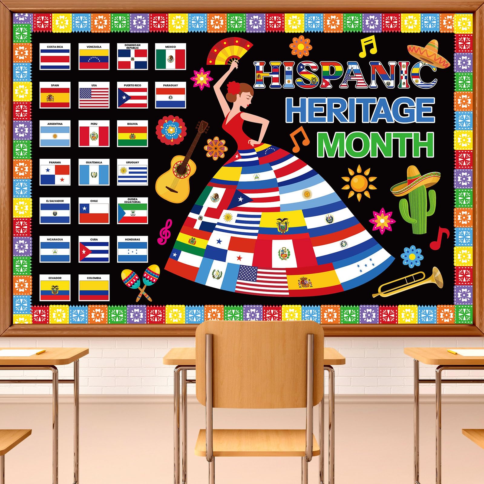HIQINLUG Hispanic Heritage Month Bulletin Board Cutouts Set, Hispanic Heritage Month Decorations Spanish Classroom Decorations Bulletin Boards Flag Cutouts Decoration for Classroom Home Wall Decor