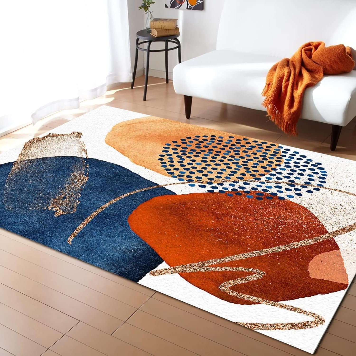 Mid Century Terracotta Abstract Geometry Area Rug, Burnt Orange Navy Block Gold Line Accent Indoor Rugs, Home Decor Soft Rugs Collection Comfy Floor Mat for Bedroom Living Room（2x3ft）