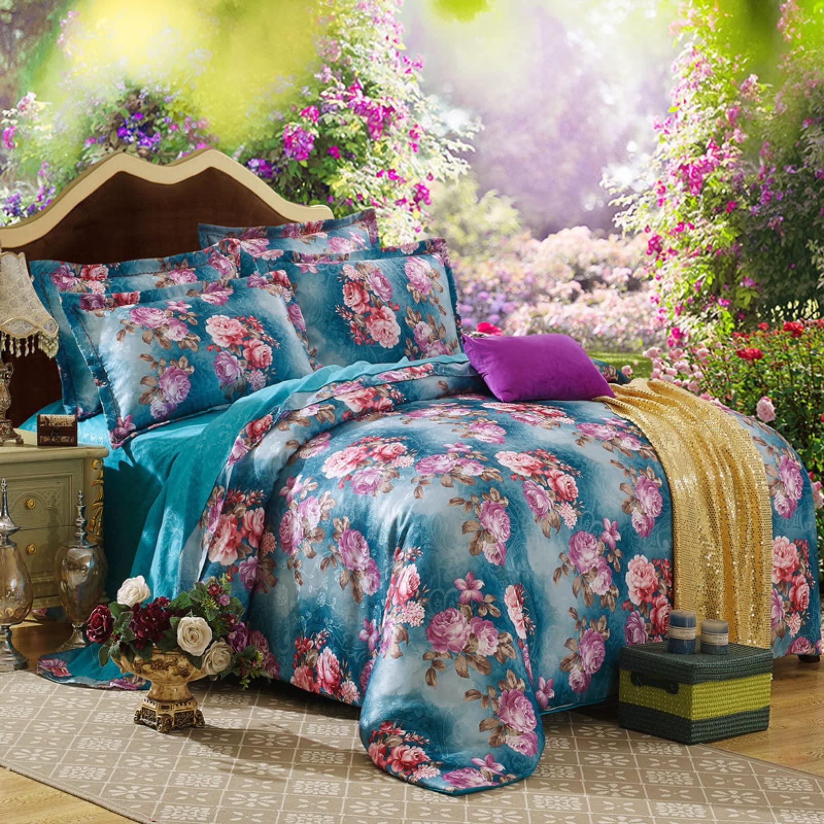 ローズ柄　布団カバー4点セット ローズ柄布団カバー4点セット