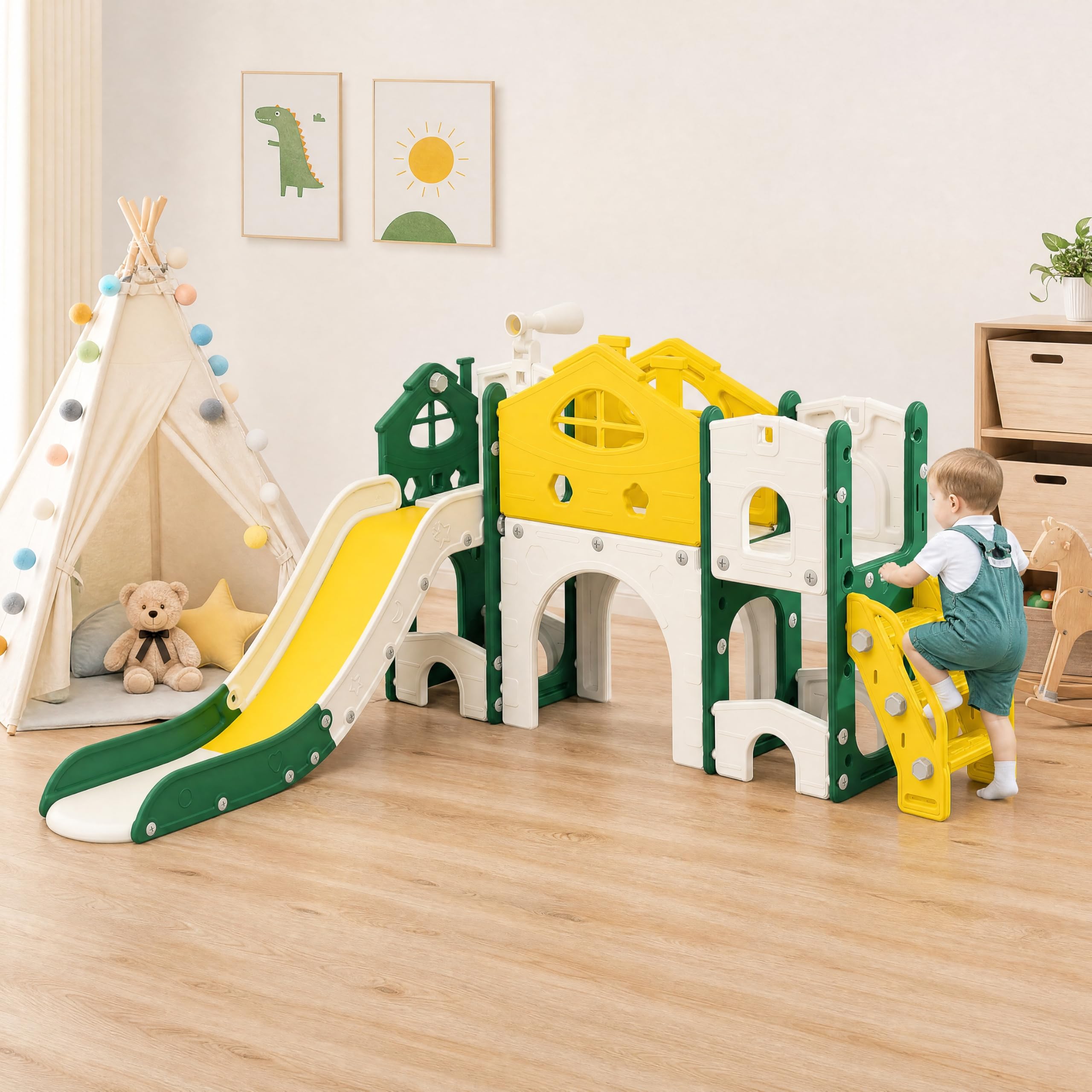 Rutsche für Kinder, 7 in 1, Rutsche für den Außen- und Innenbereich, Rutschenset für Kinder mit Treppe, Rutsche und Tunnel, für Kinder von 1 bis 6 Jahren, einzigartige Schieber, Gelb