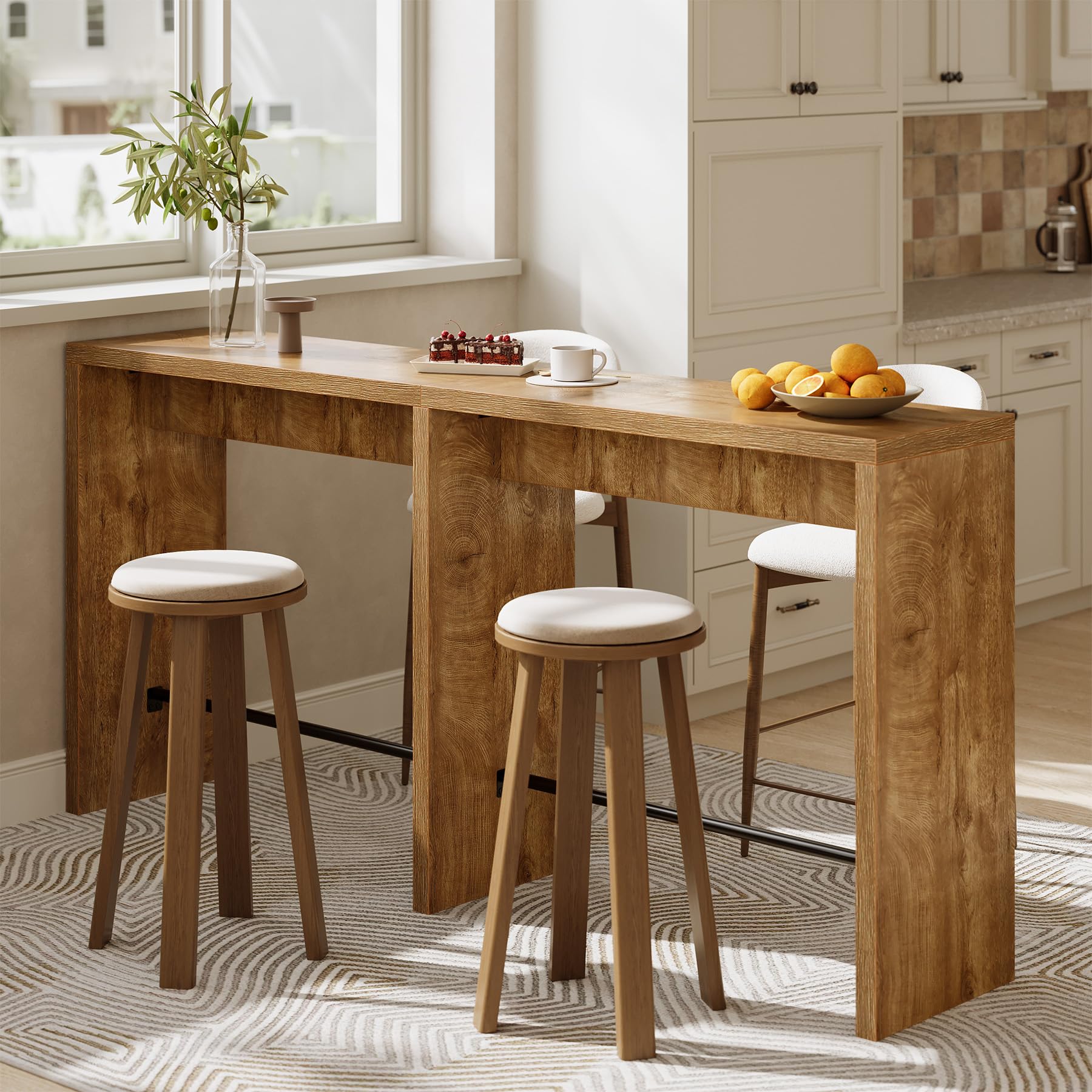 Tribesigns Table de Bar, Table Haute Cuisine, 200 x 39.5 x 95cm, Extra Longue avec Repose-Pieds en Fer Stable pour Cuisine, Salon, Salle à Manger, Couleur Bois