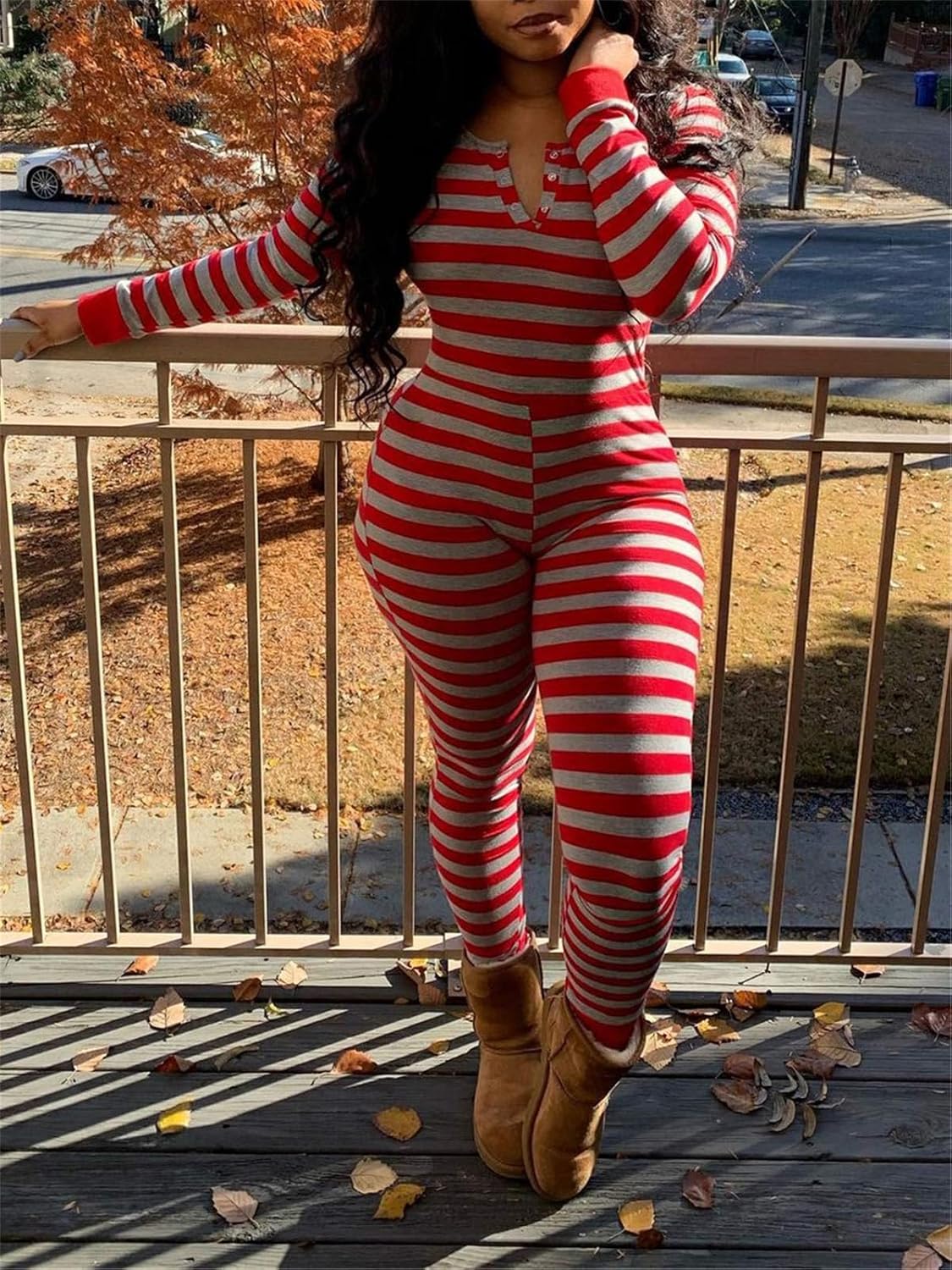 Womens Sexy Onesie Pajama with Butt Flap Long Sleeve V Neck Bodycon One Piece Jumpsuit Back Trapdoor Romper Sleepwear - Image 2