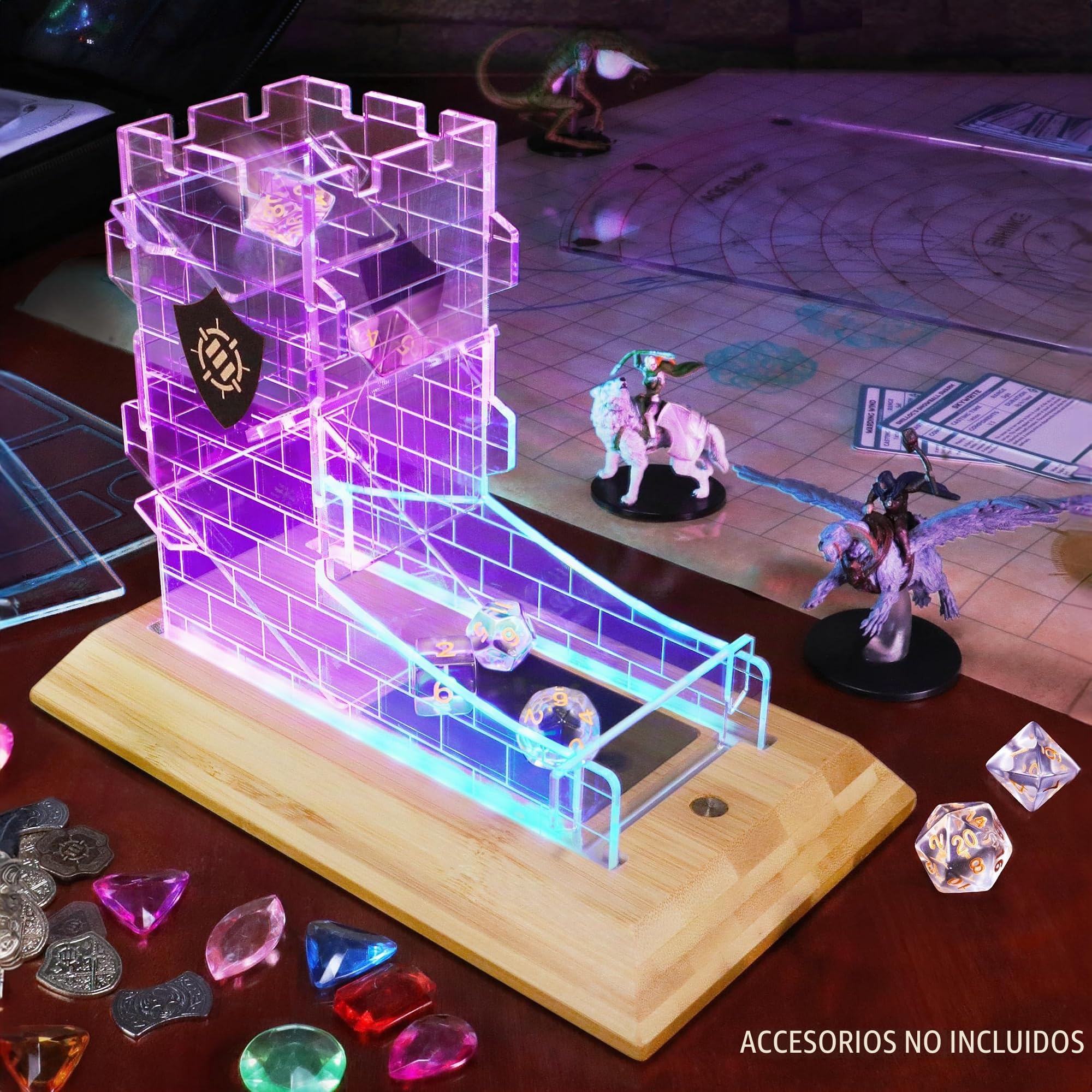 ENHANCE Torre de Dados LED de Sobremesa con Juego de Dados de 7 Piezas para Juegos de rol: Juego de Dados Transparente, Rodillo de Dados LED con Base de Bambú y Diseño de Torre de Castillo