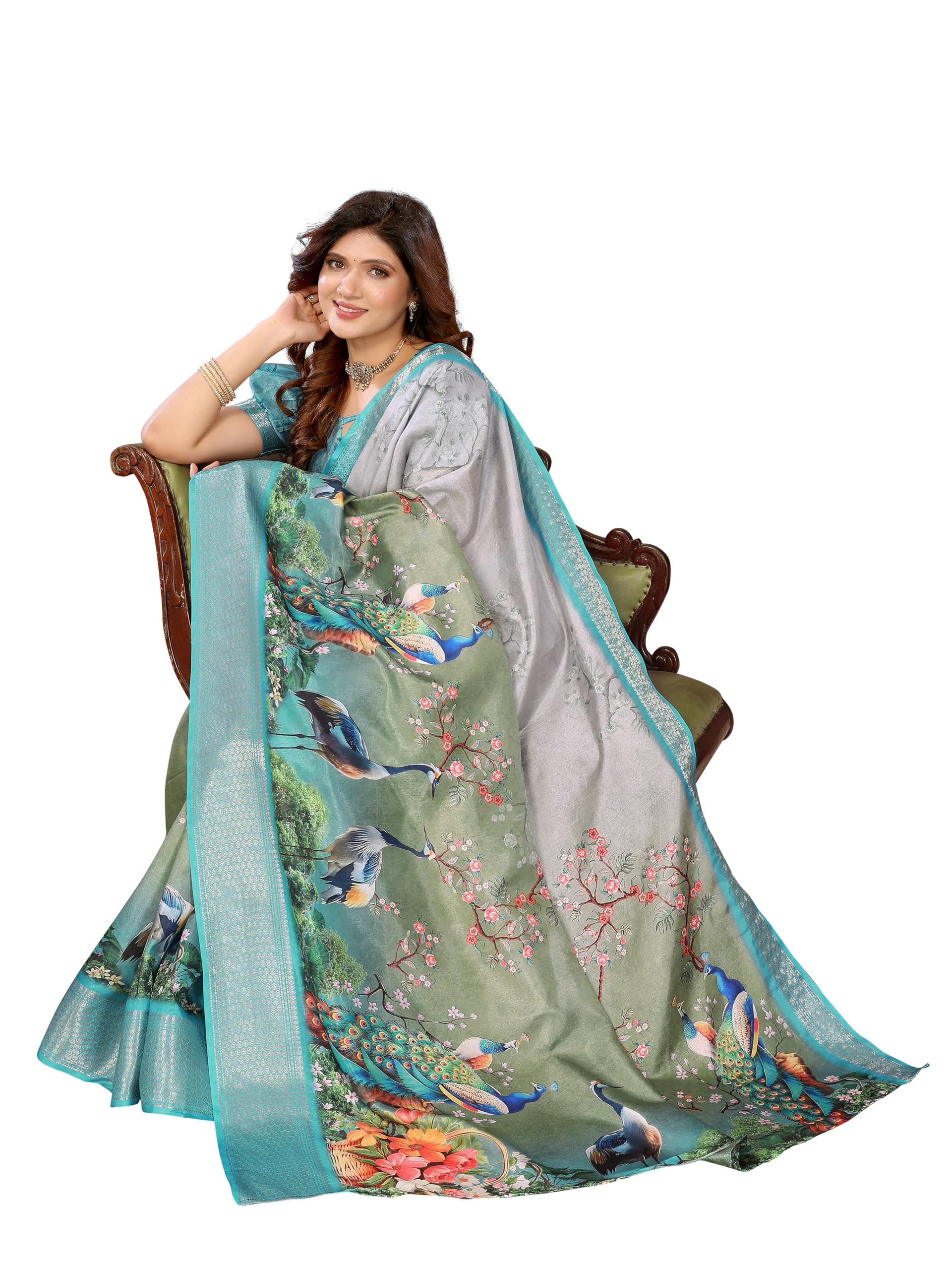 kjs Digital Print Dola Silk Peacock Printed Saree-picture-41