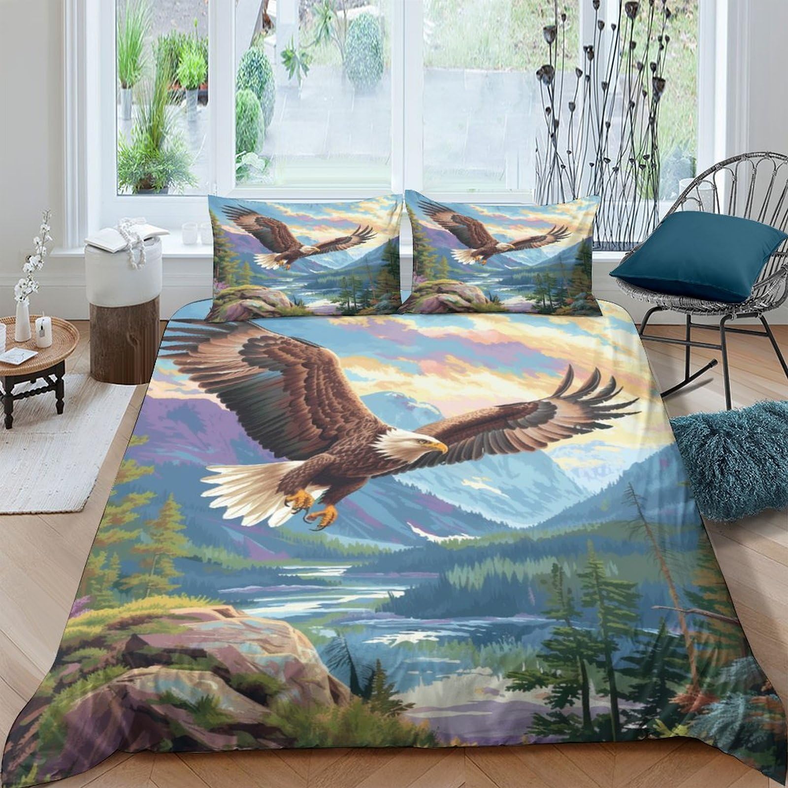 Ensemble de literie aigle imprimé 3D en microfibre premium de 200x200 cm, finitions soignées