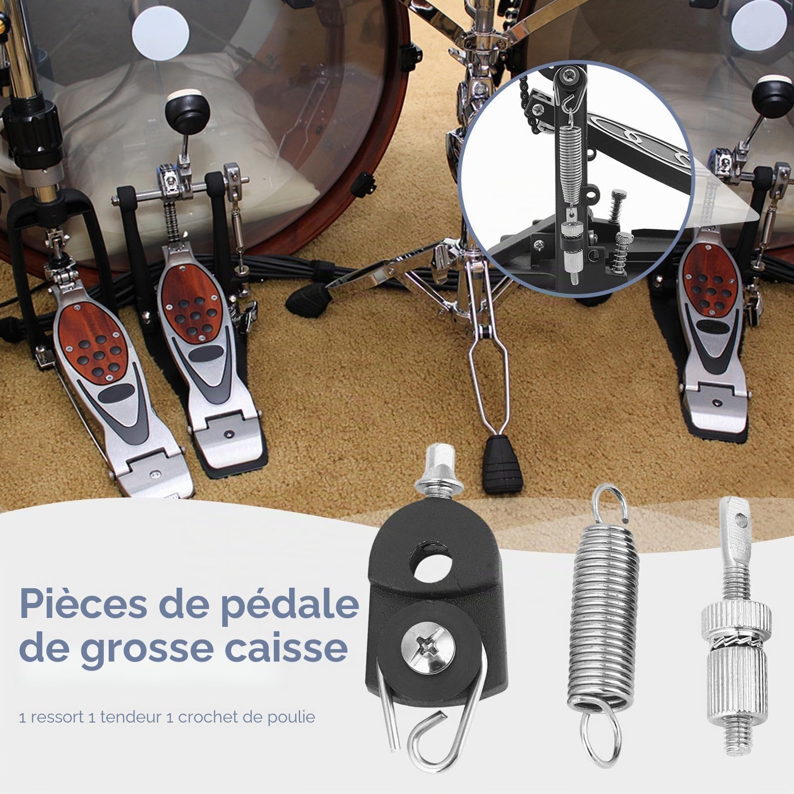 1 Jeu de Ressorts pour Pédale de Grosse Caisse, Ressort de Tension de Came de Pédale de Grosse Caisse pour Batterie Pédale de Grosse Caisse Ressort de Pédale Poulie à Came Crochet Tendeur