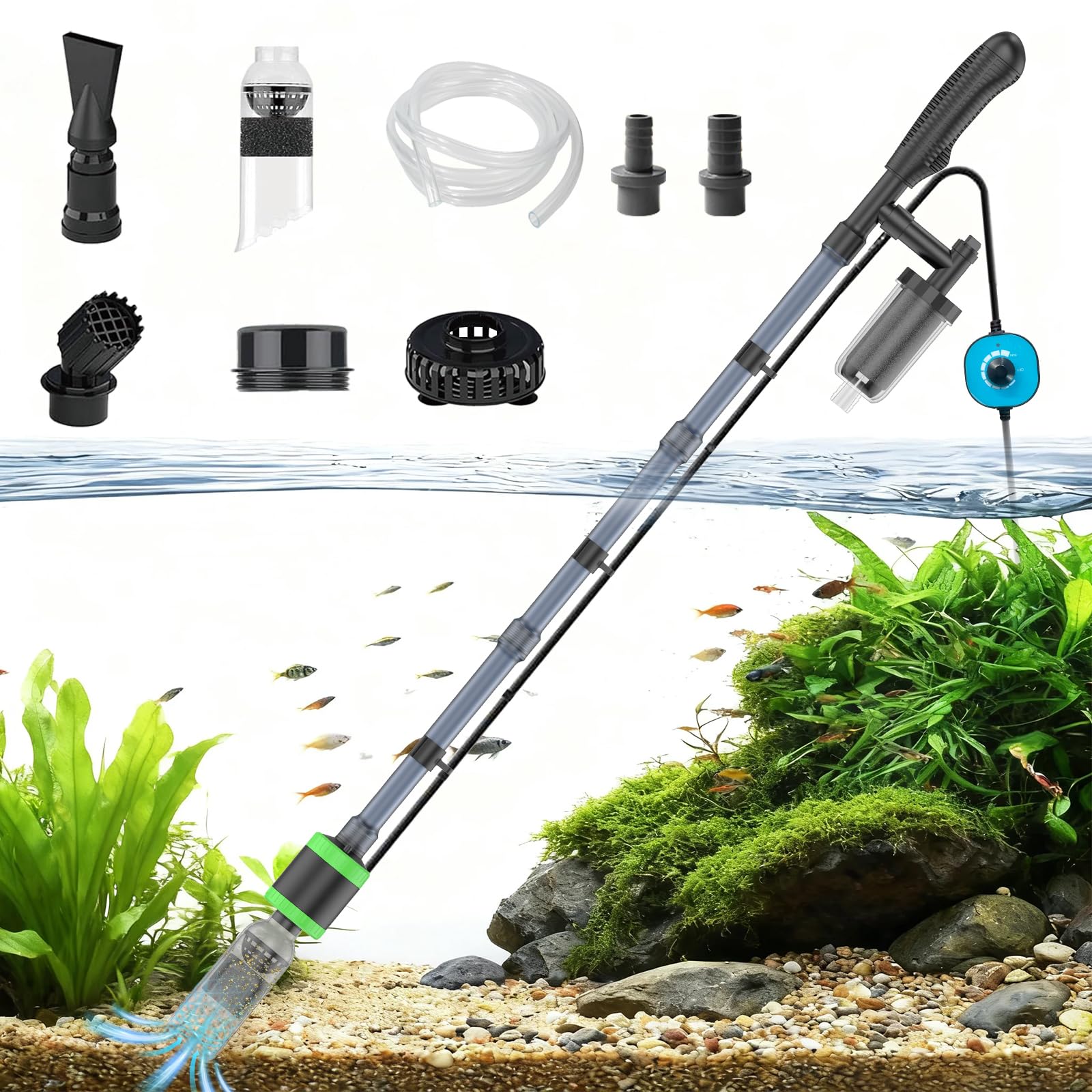 32w electric aquarium vacuum gravel cleaner - strong suction, automatic water change, algae remover, sand wash, water shower, water circulation & timed off (32w)