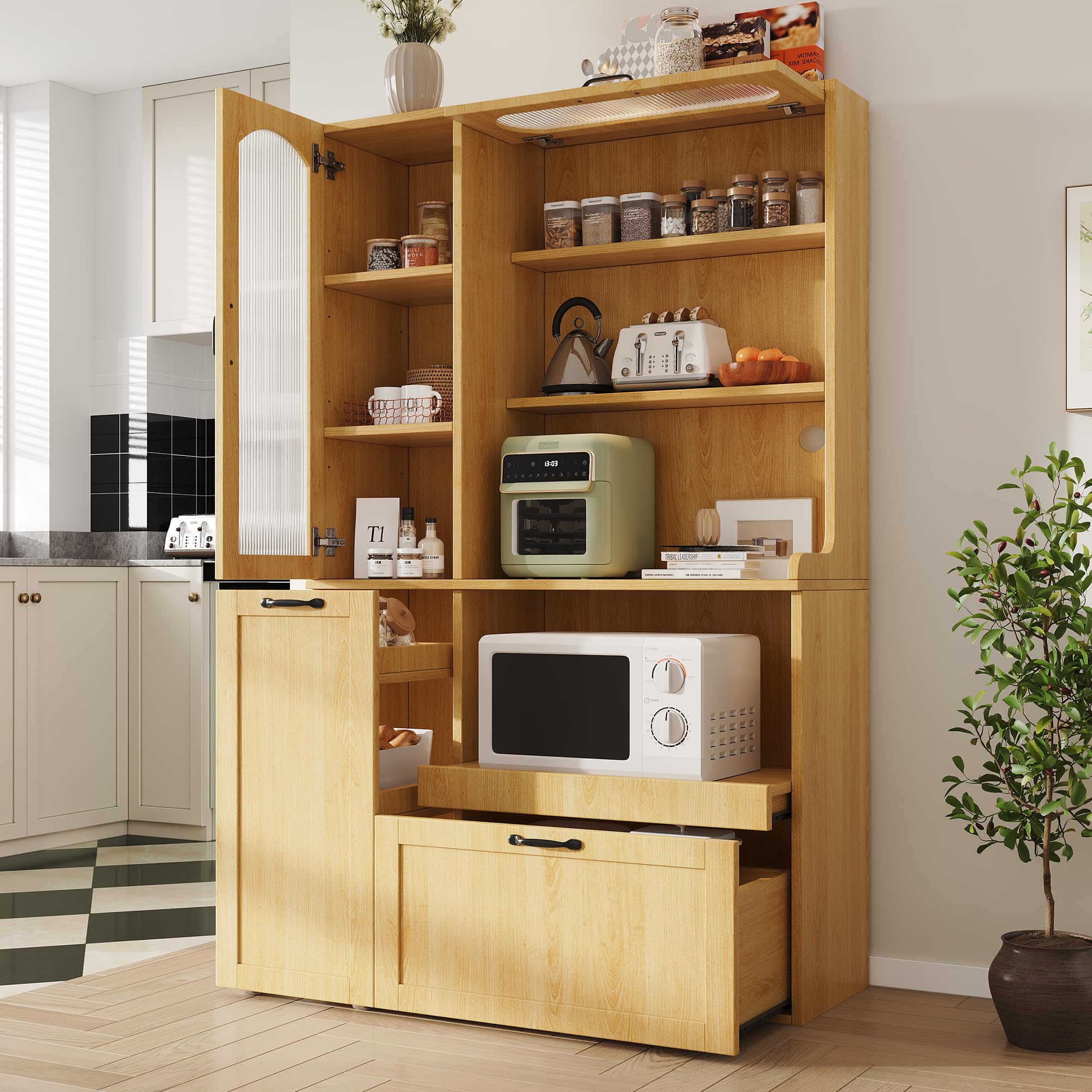 Mobile alto con ripiani regolabili e cassetti, mobile da cucina con ripiani estraibili e vetro scanalato, ideale per sala da pranzo, soggiorno e cucina, colore naturale