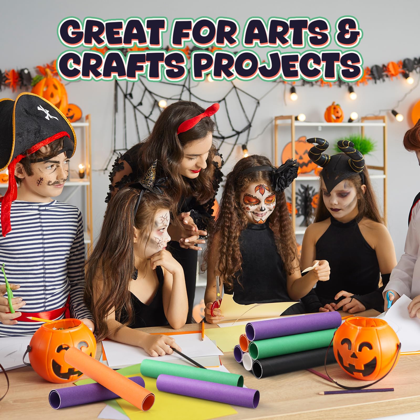 MotiMind 60 tubos de cartón para manualidades, 2 tamaños, rollos vacíos de papel higiénico, tubos de cartón a granel para proyectos de bricolaje en el aula (Halloween, 1.4 x 10 pulgadas, 1.6 x 10