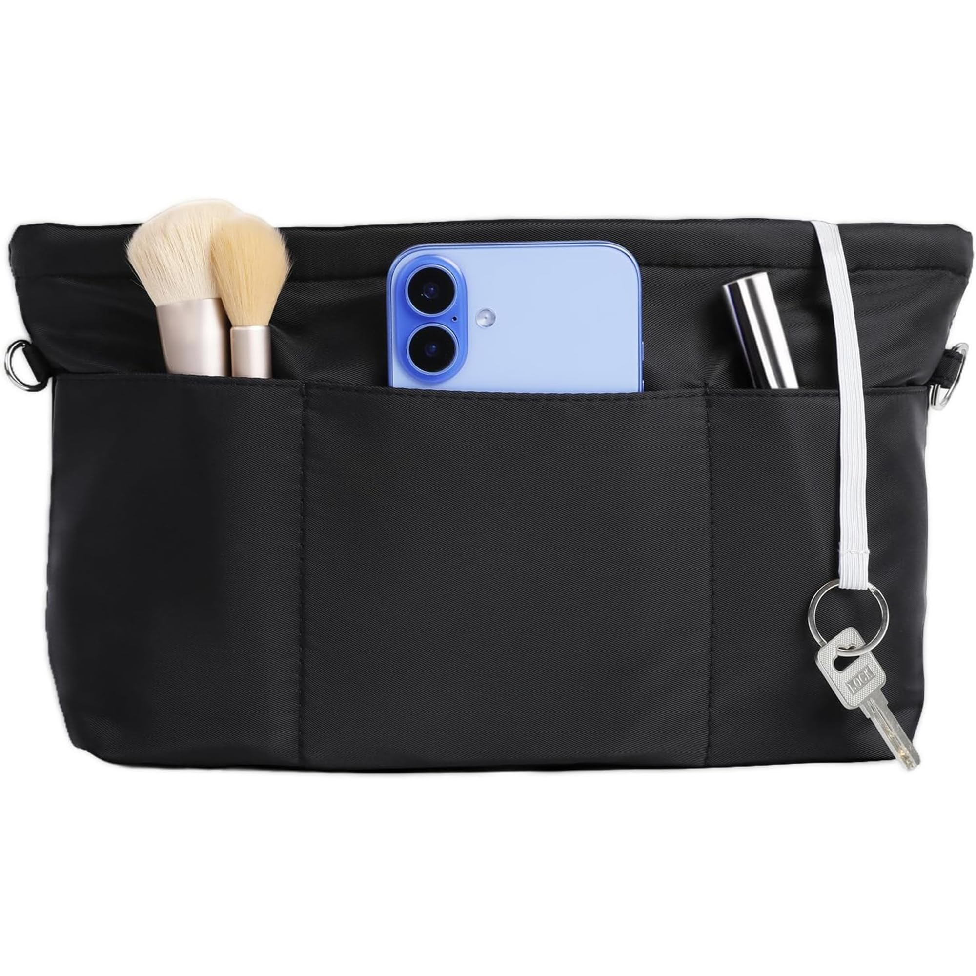 Cozary Bag Organiser Large L - Inner Pocket for Handbags Made of Nylon, Bag Organiser for Large Shopper & Tote Bags with Keychain, 6 Outer Pockets & 6 Compartments, 29 x 12 x 15 cm, Black