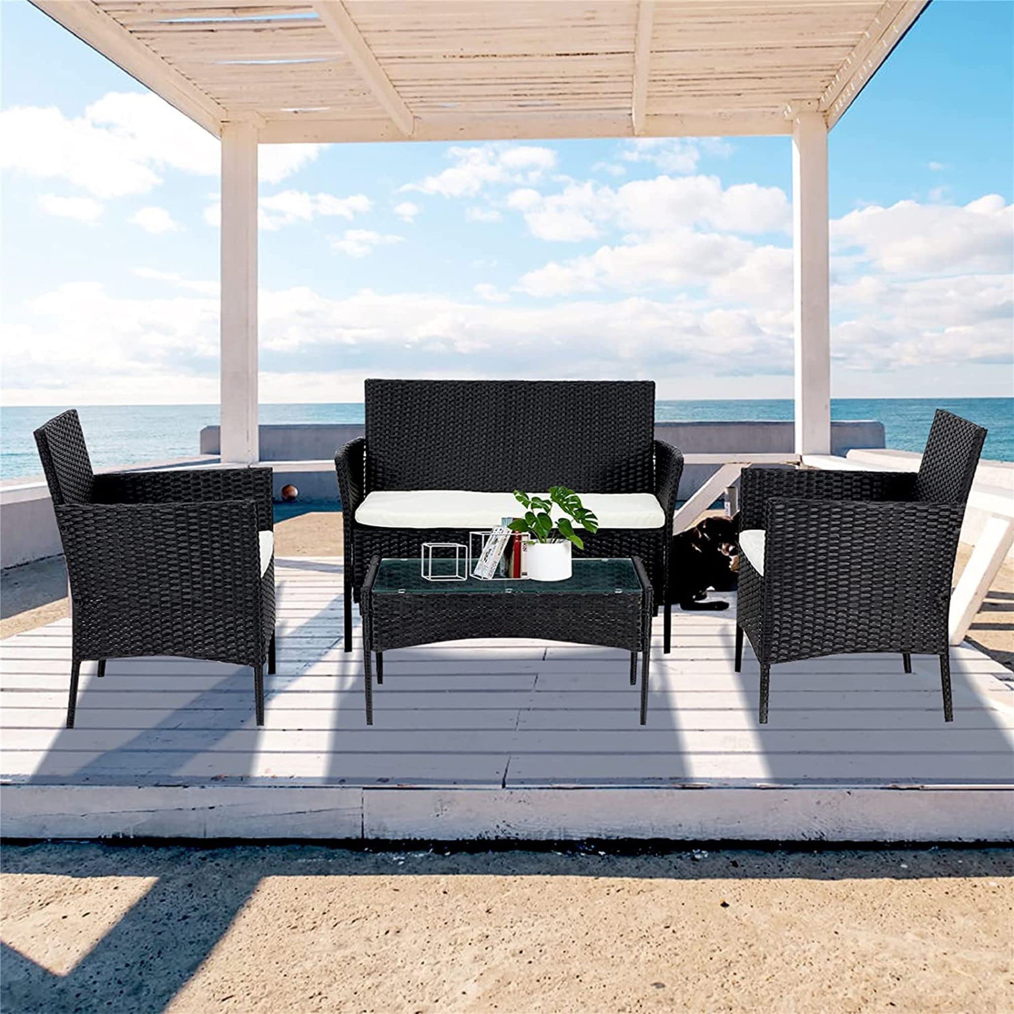 ROXXFLY Outdoor 4 Seater Sofa Set | Balcony Sofa | Indoor Sofa | Patio Furniture Sets | Wicker Rattan Garden Sofa Set with Cushion and Center Table (Black)