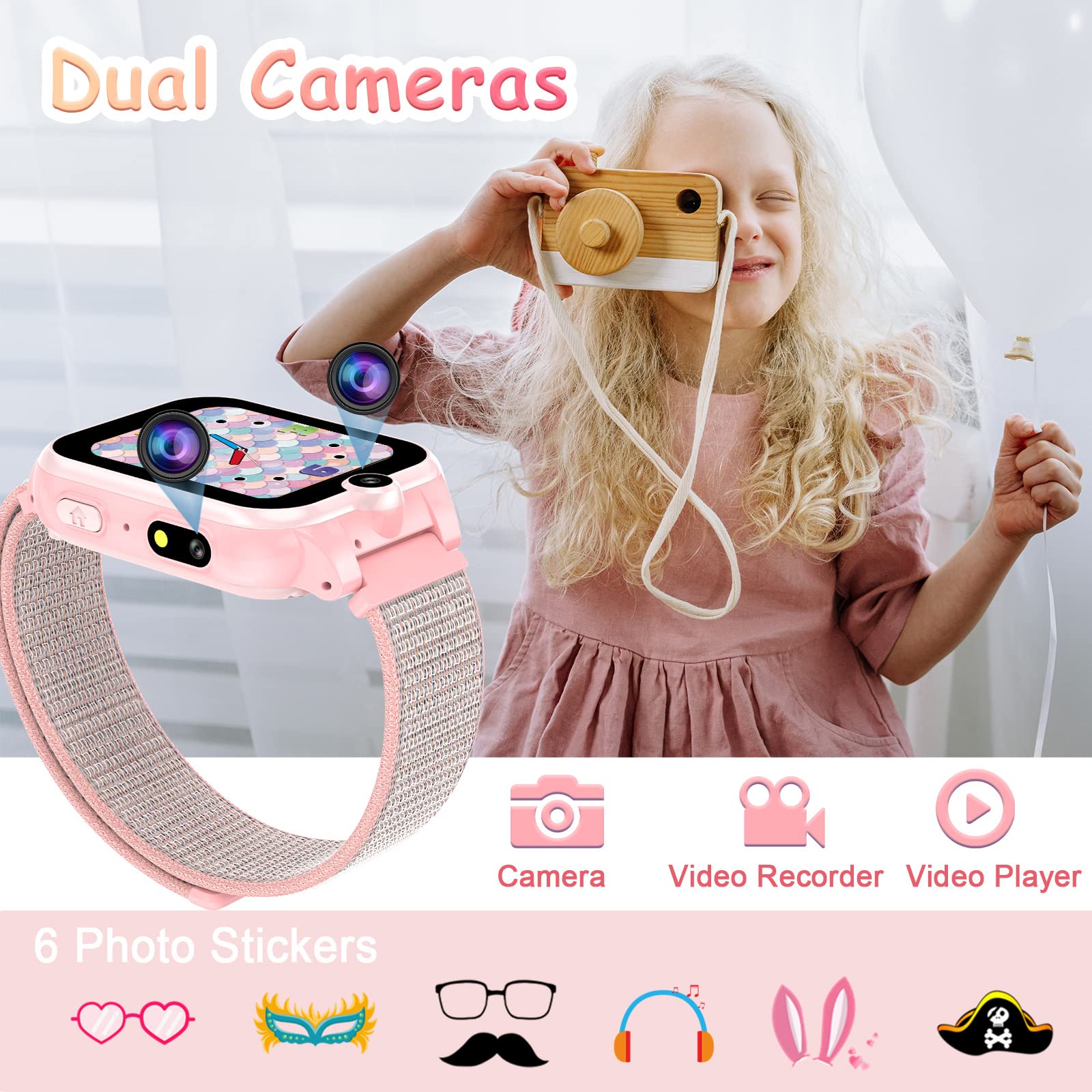 PTHTECHUS Smartwatch Niño Reloj Inteligente Teléfono Infantil con Llamadas SOS, 16 Juegos, Cámara, Música MP4, Despertador, Linterna, Smart Watch Digital para Niña y Niño 4-12 Años Regalo